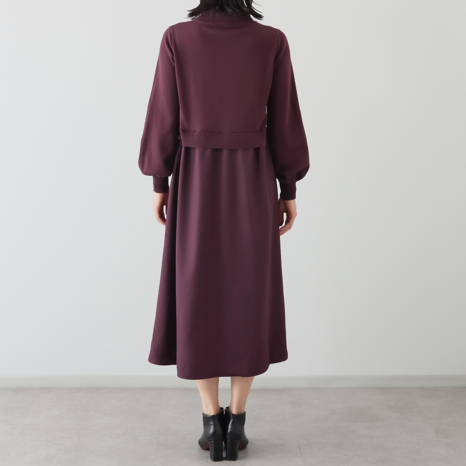 スピンブルー 贅沢な超長綿ブレンド！ ニット×ジョーゼット レイヤード風 ロングワンピース