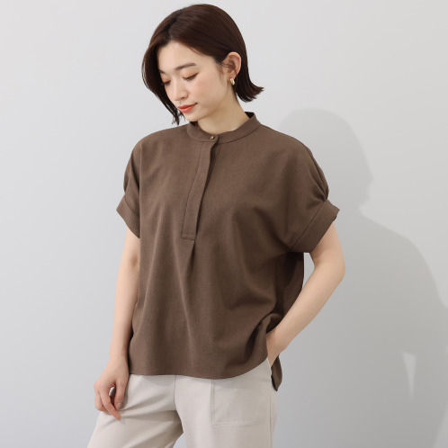 ポルトゥヴィーダ 吸水速乾・ウォッシャブル 涼し気なリネンライク バンドカラーブラウス ポルトゥヴィーダ 吸水速乾・ウォッシャブル 涼し気なリネンライク バンドカラーブラウス