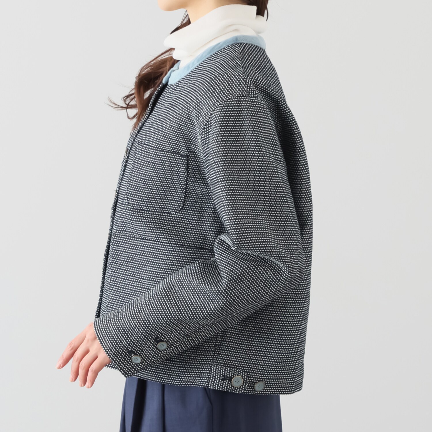 紺屋イチガントウキョウ インディゴ糸使用 刺し子風ジャガード ノーカラージャケット