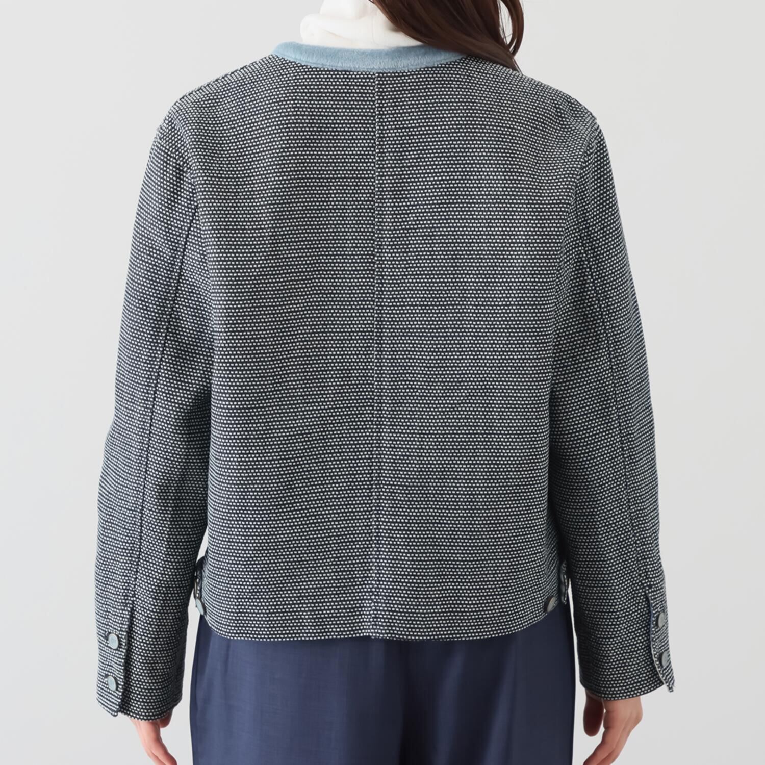 紺屋イチガントウキョウ インディゴ糸使用 刺し子風ジャガード ノーカラージャケット