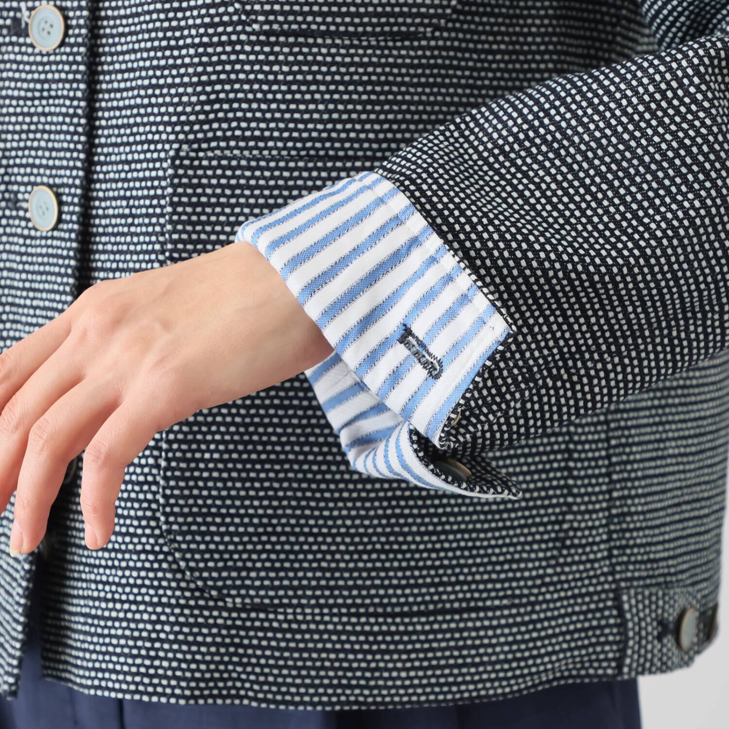 紺屋イチガントウキョウ インディゴ糸使用 刺し子風ジャガード ノーカラージャケット