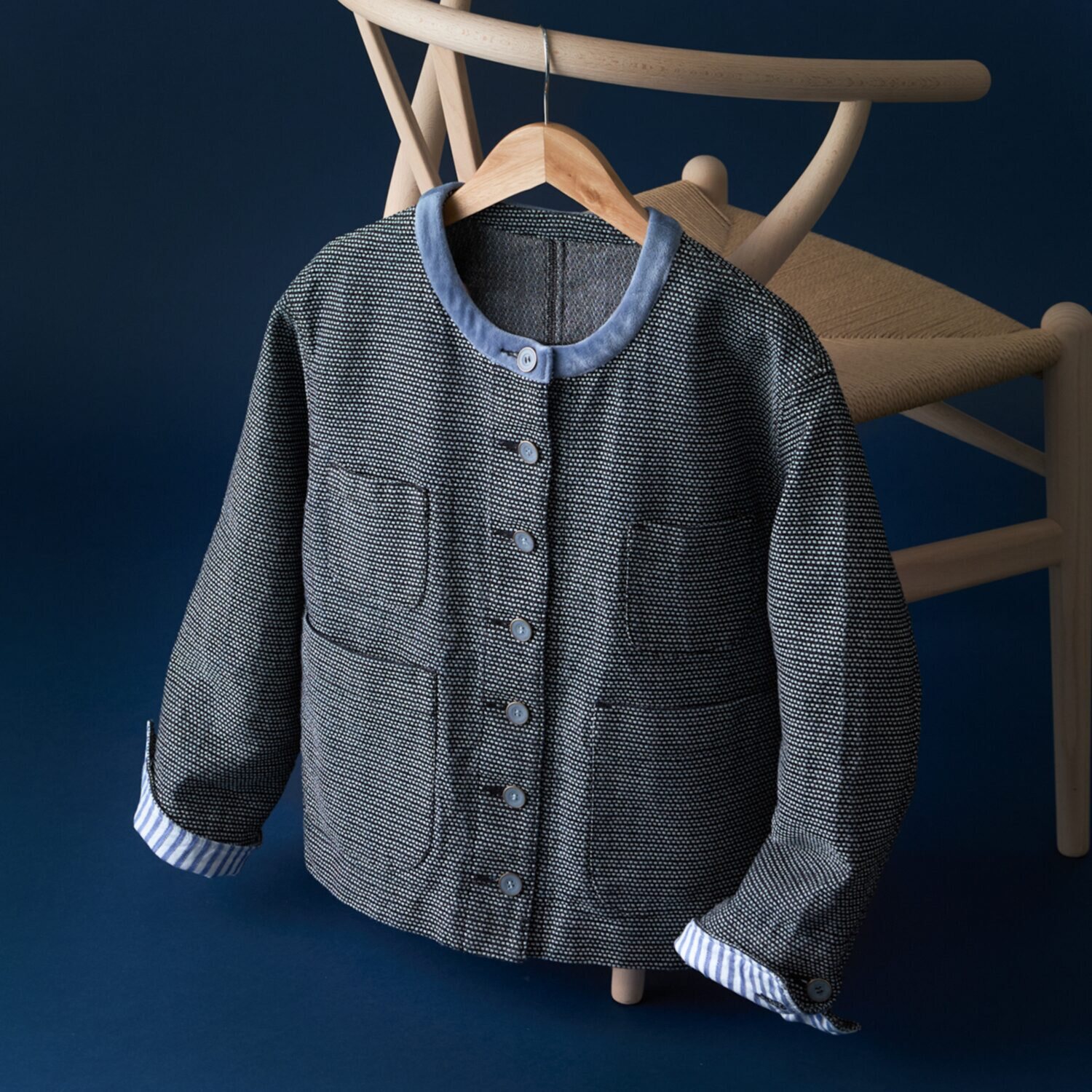 紺屋イチガントウキョウ インディゴ糸使用 刺し子風ジャガード ノーカラージャケット