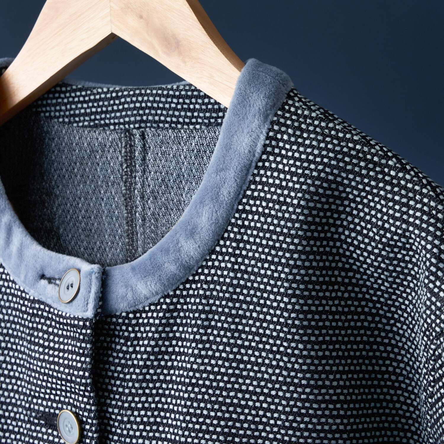 紺屋イチガントウキョウ インディゴ糸使用 刺し子風ジャガード ノーカラージャケット