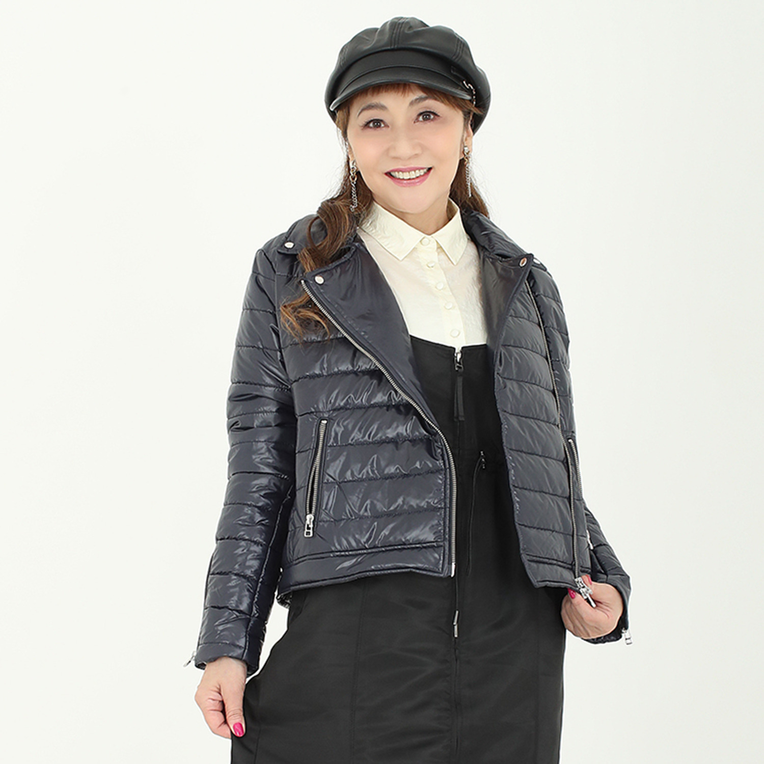 マダムミーナ シャイニータフタ ジップアップアクセント ライダースデザイン 中綿入りジャケット