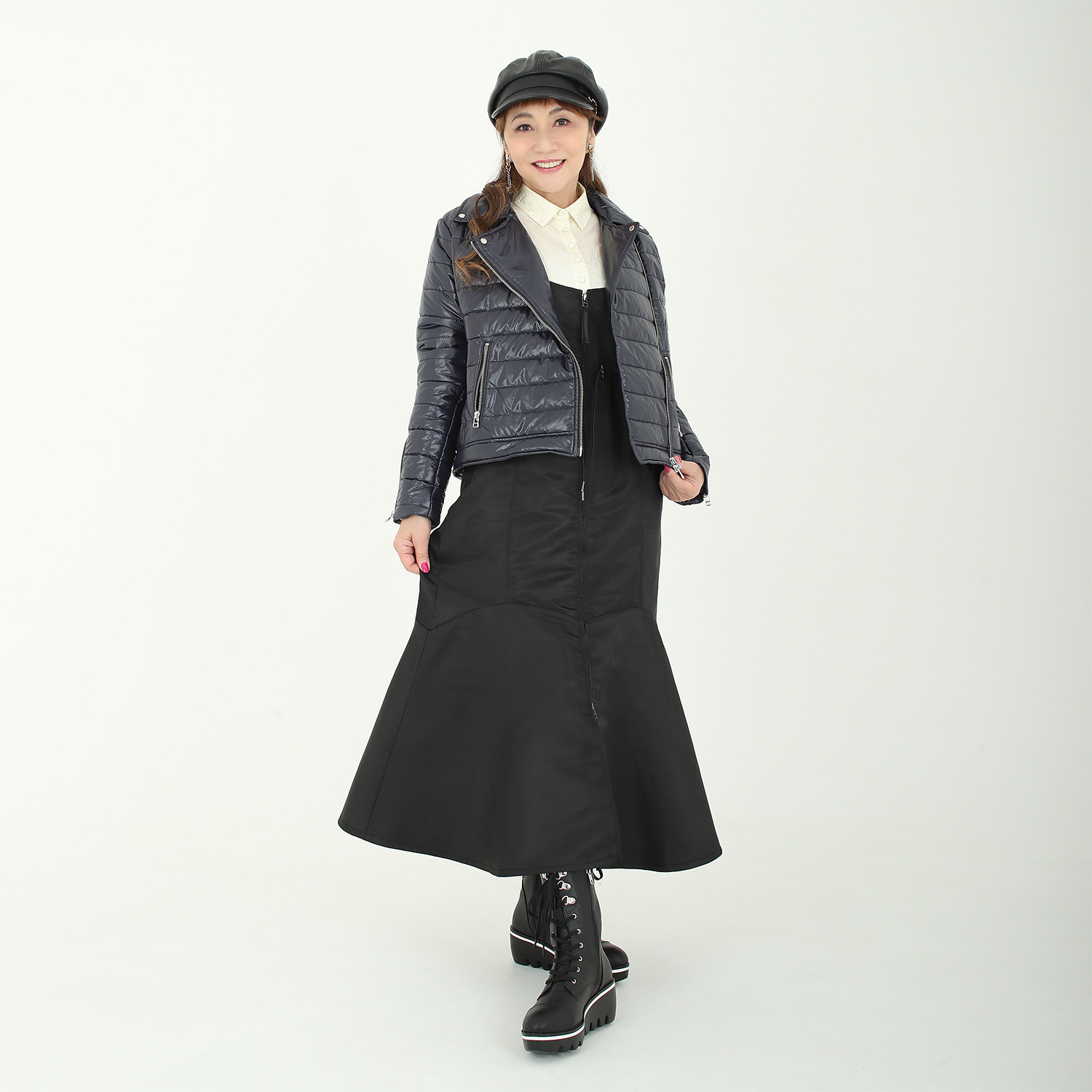 マダムミーナ シャイニータフタ ジップアップアクセント ライダースデザイン 中綿入りジャケット