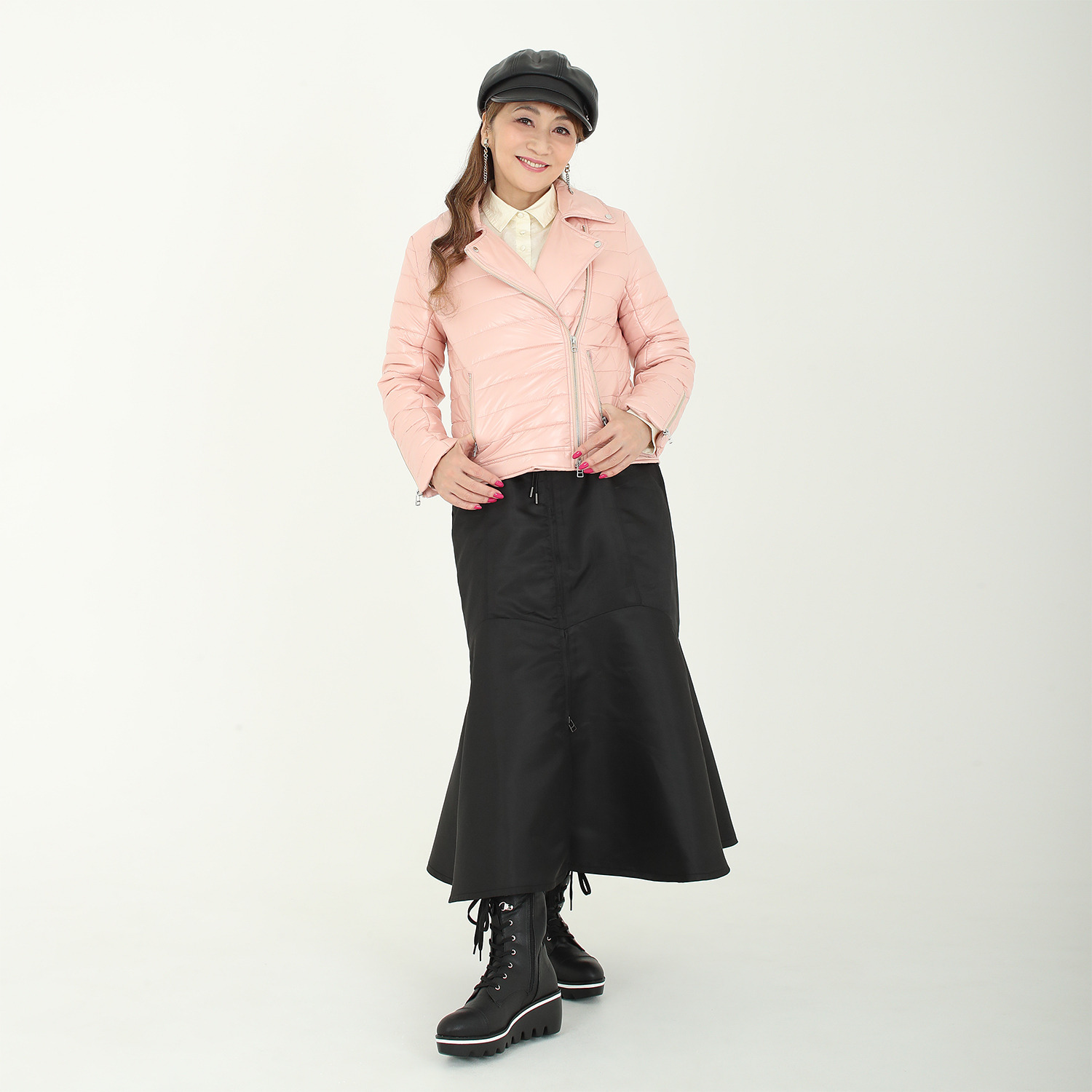 マダムミーナ シャイニータフタ ジップアップアクセント ライダースデザイン 中綿入りジャケット