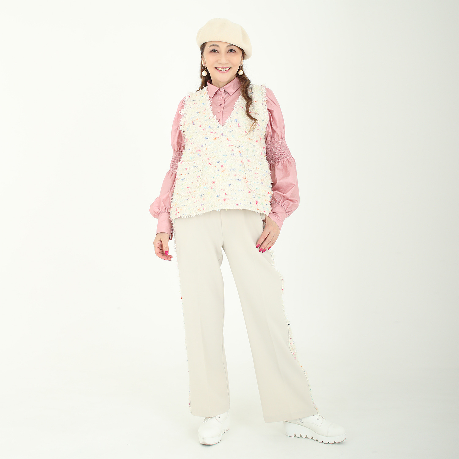 マダムミーナ ファンシーツイード フリンジアクセント 深Ｖネックベスト