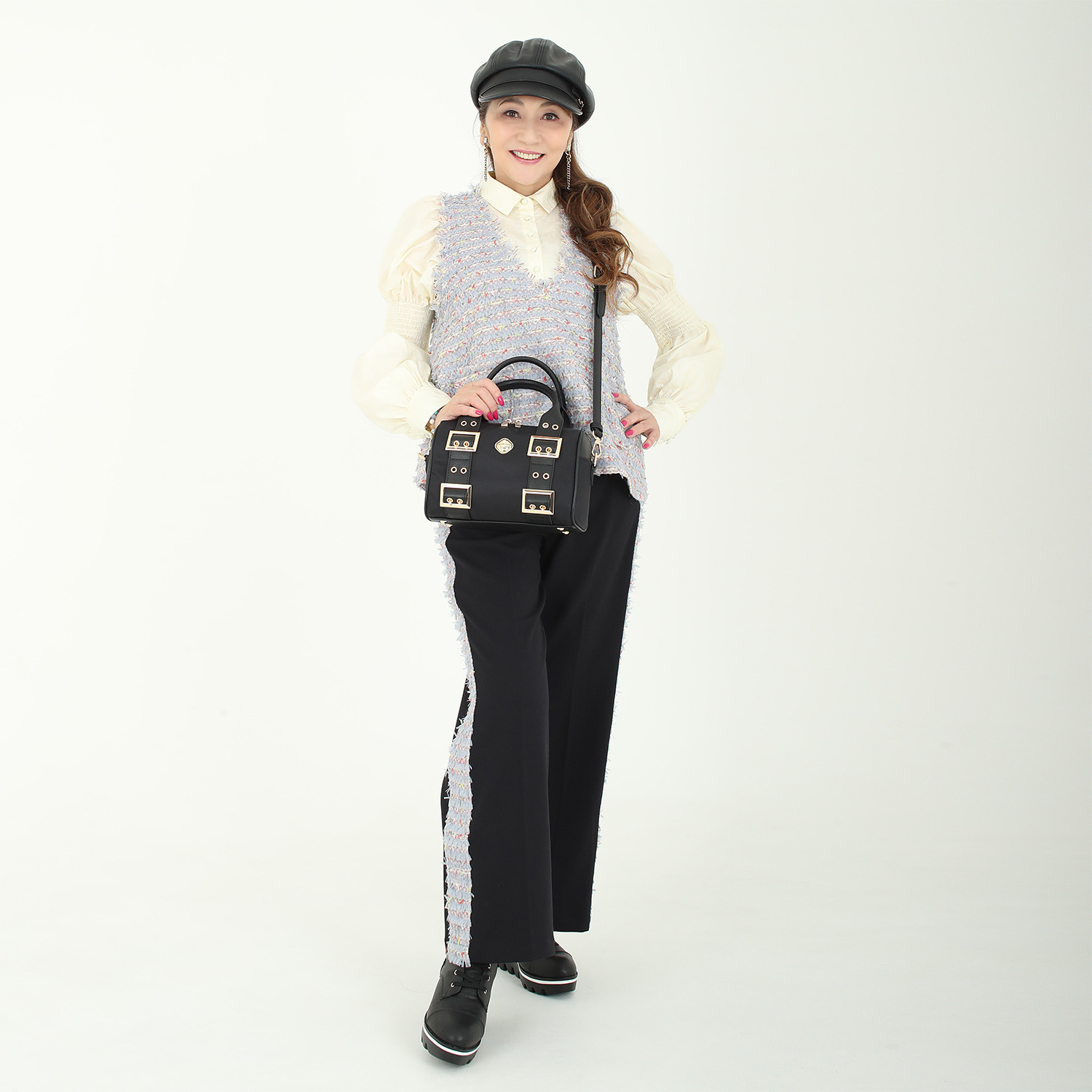 マダムミーナ ストレッチツイル ファンシーツイード サイドラインアクセント パンツ