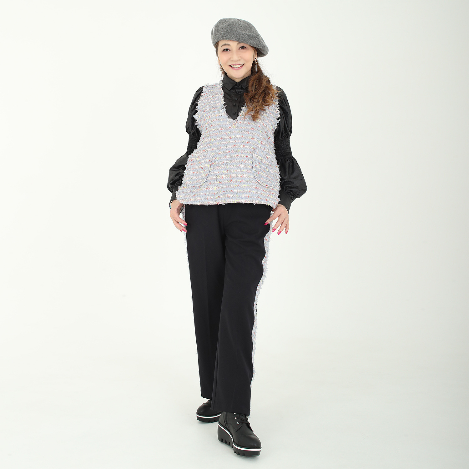 マダムミーナ ストレッチツイル ファンシーツイード サイドラインアクセント パンツ