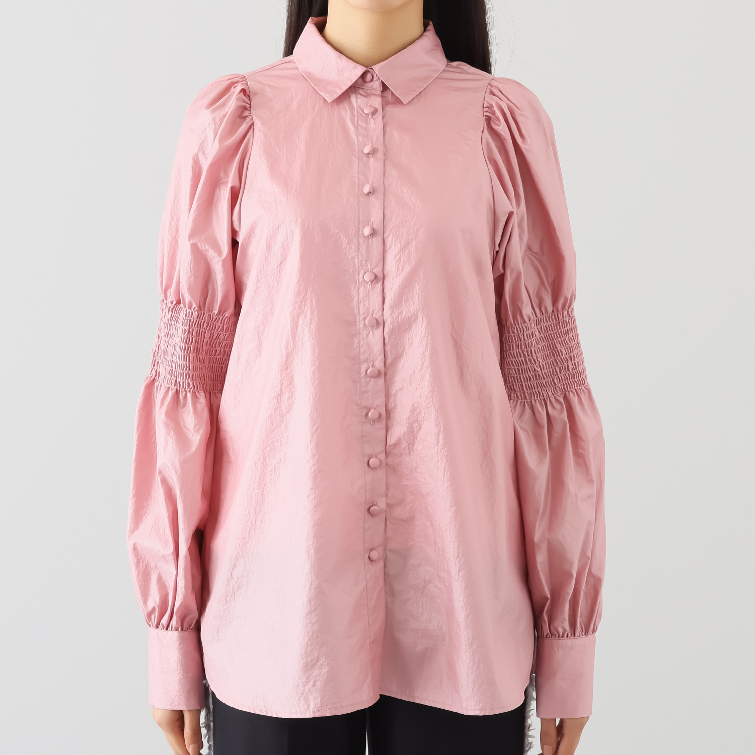 マダムミーナ クリスタルワッシャー シャーリングアクセント バルーンスリーブ ブラウス