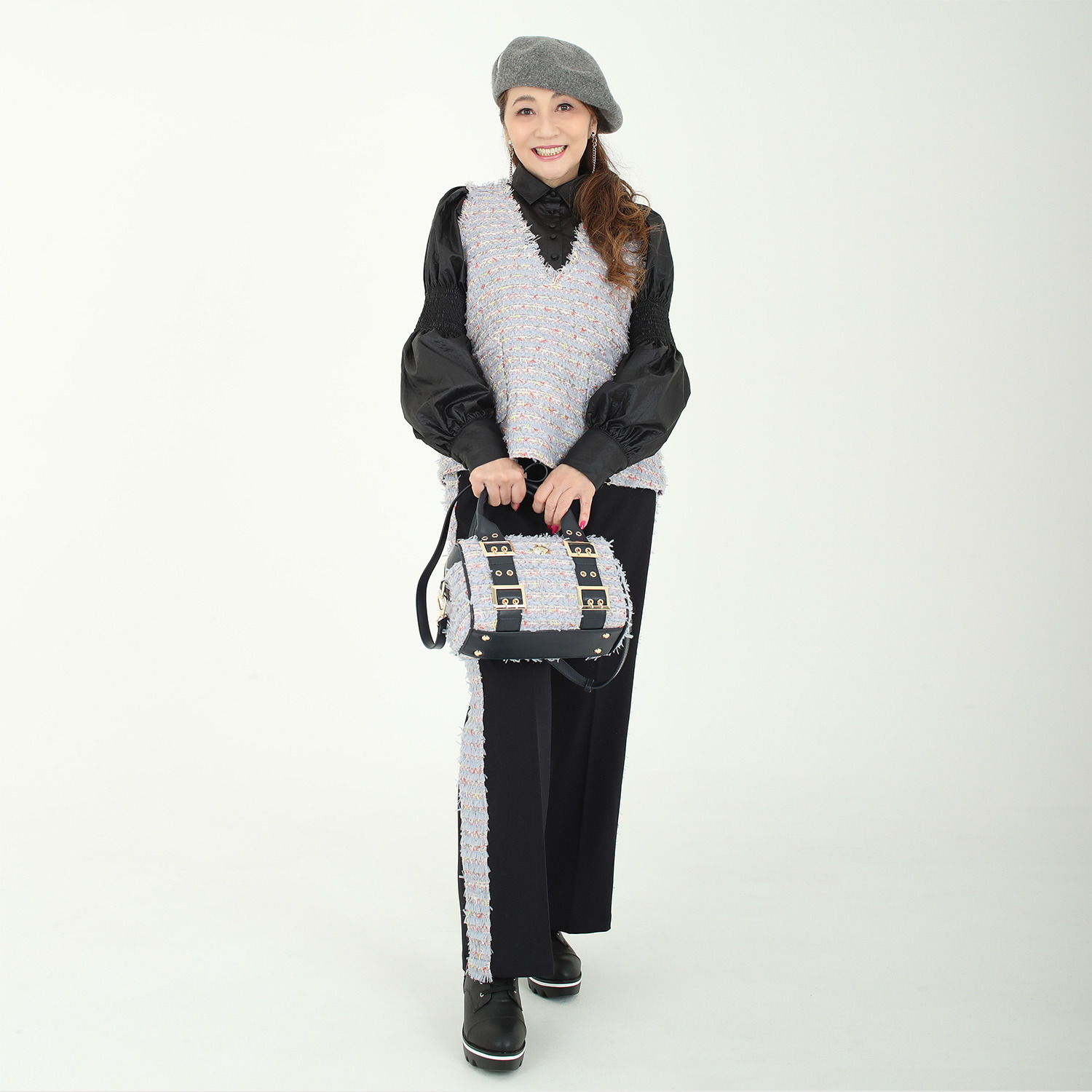 マダムミーナ ファンシーツイード バックルアクセント ショルダーストラップ付 ミニボストンバッグ