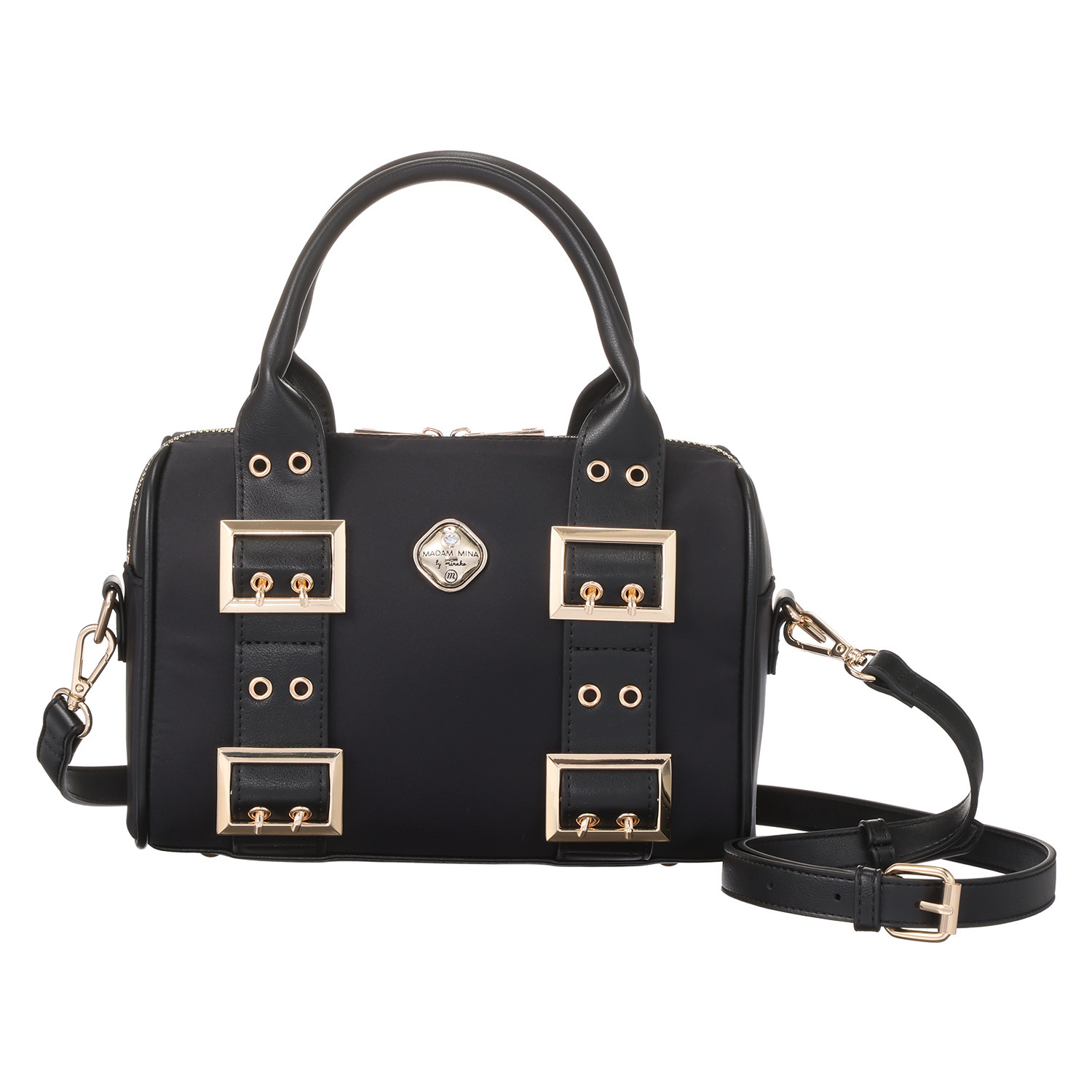 マダムミーナ 高密度ツイル バックルアクセント ショルダーストラップ付 ミニボストンバッグ