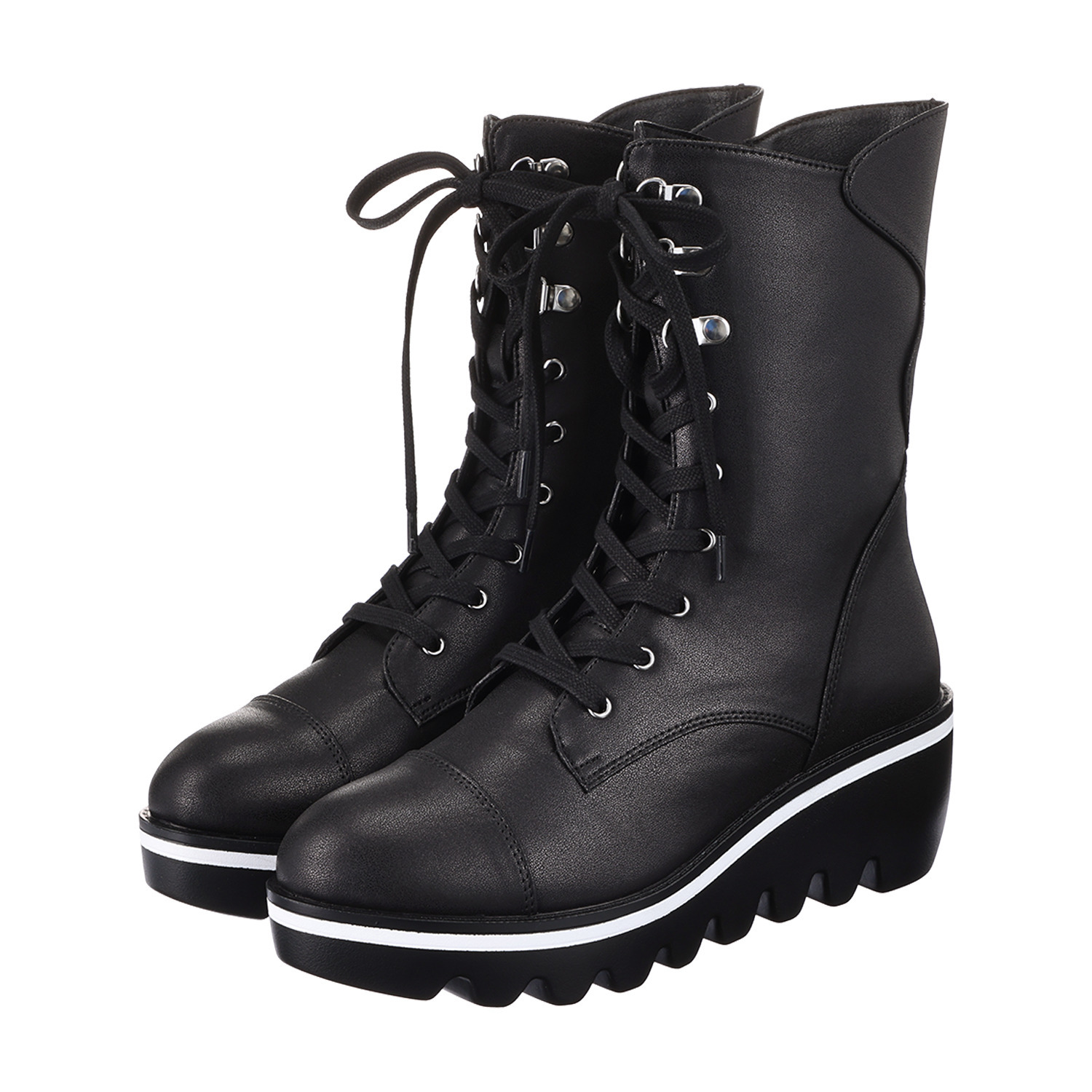 マダムミーナ フェイクレザー レースアップデザイン ウェッジソールブーツ