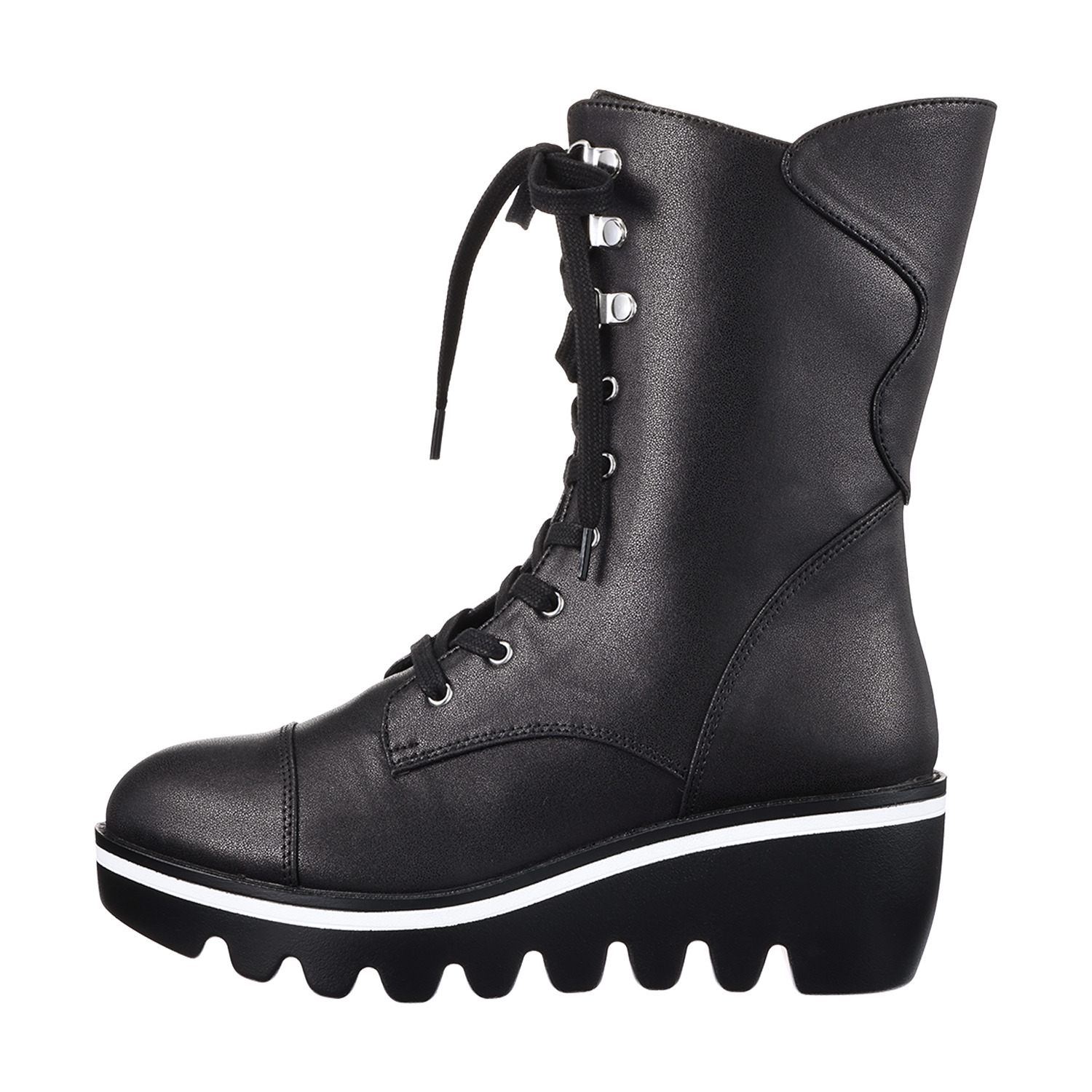 マダムミーナ フェイクレザー レースアップデザイン ウェッジソールブーツ