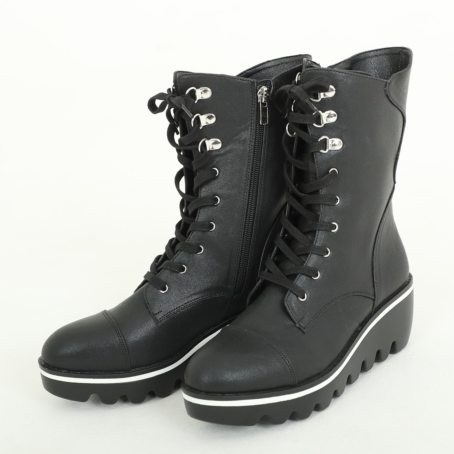 マダムミーナ フェイクレザー レースアップデザイン ウェッジソールブーツ