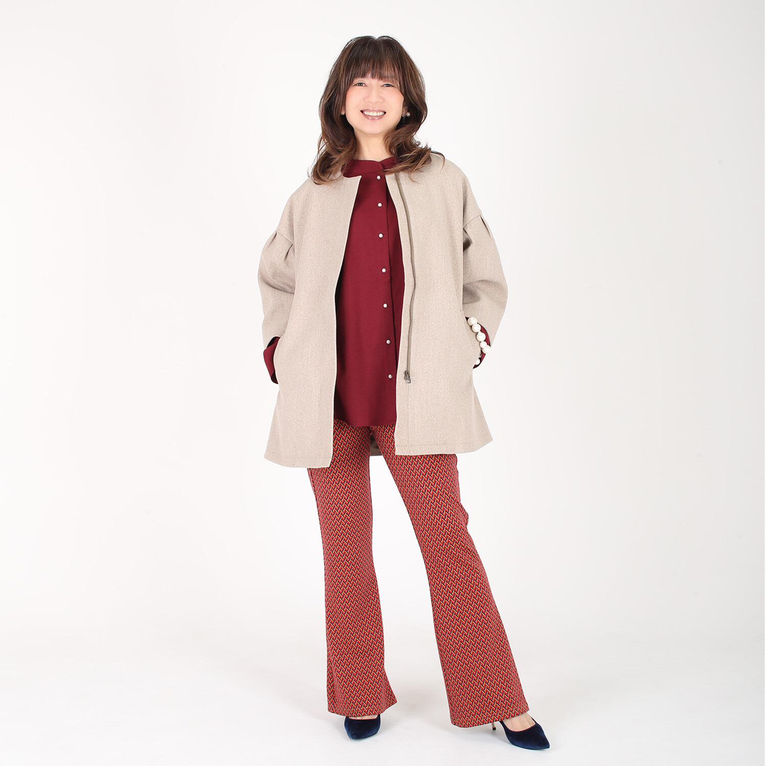 美ｓｕｓａｂｉ ニットジャガード 配色ヘリンボーン柄 ソフトフレアーパンツ