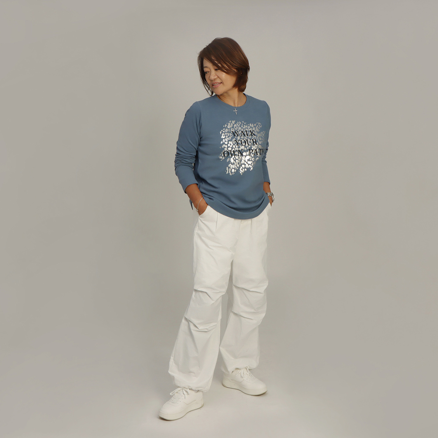 ヘブンアンドアース レオパード箔プリント 両面起毛スムース ロングＴシャツ