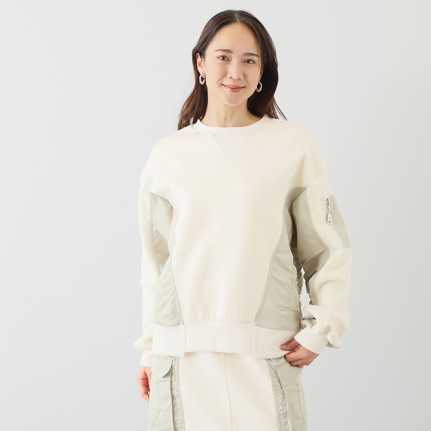 ヘブンアンドアース 裏起毛 異素材ミックス ギャザープルオーバー