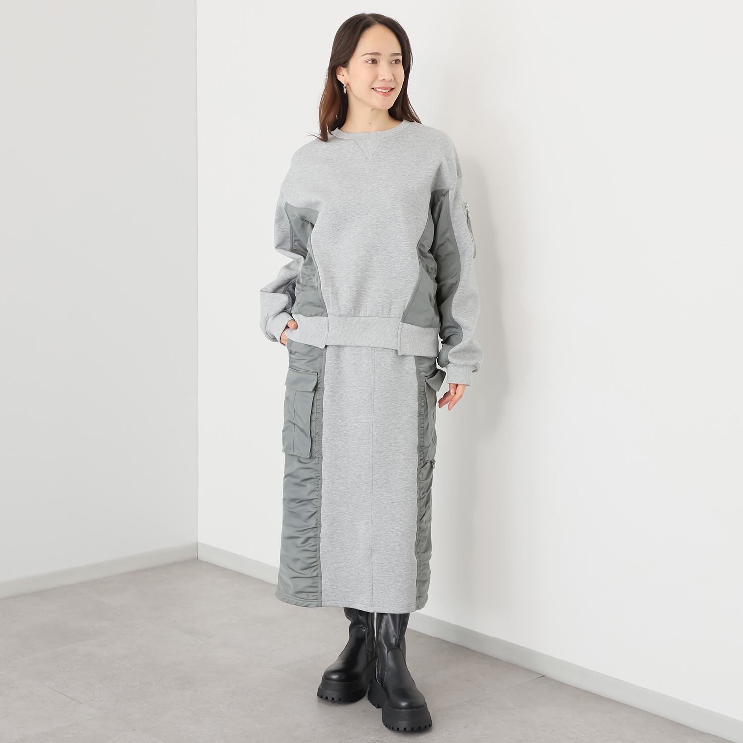 ヘブンアンドアース 裏起毛 異素材ミックス ギャザープルオーバー