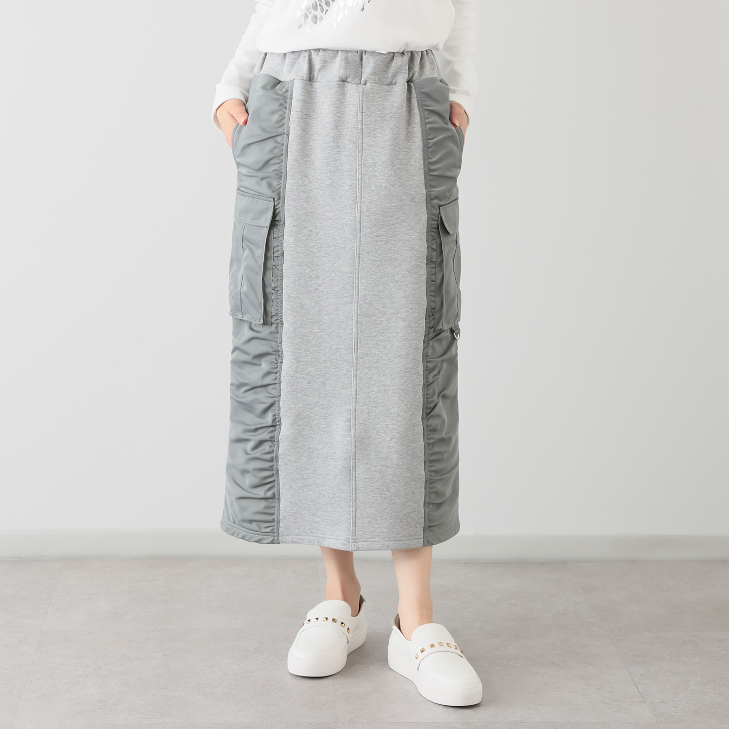 ヘブンアンドアース 裏起毛 異素材ミックスギャザー カーゴポケットスカート