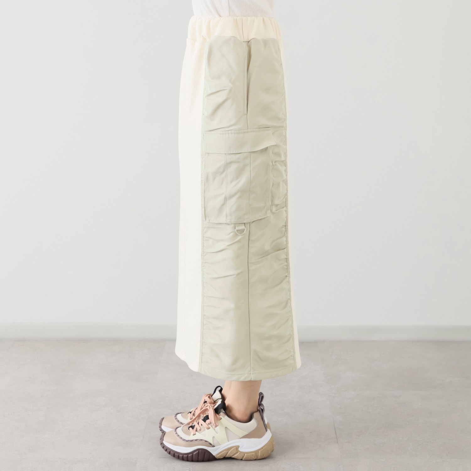 ヘブンアンドアース 裏起毛 異素材ミックスギャザー カーゴポケットスカート