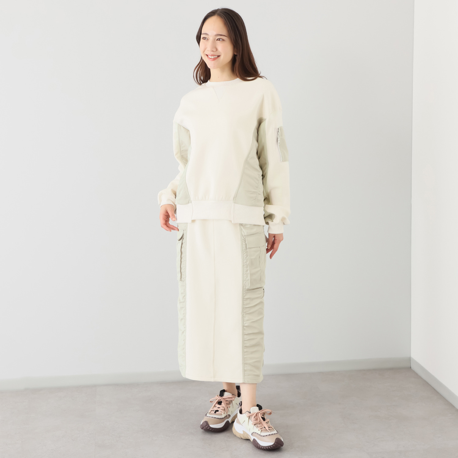 ヘブンアンドアース 裏起毛 異素材ミックスギャザー カーゴポケットスカート