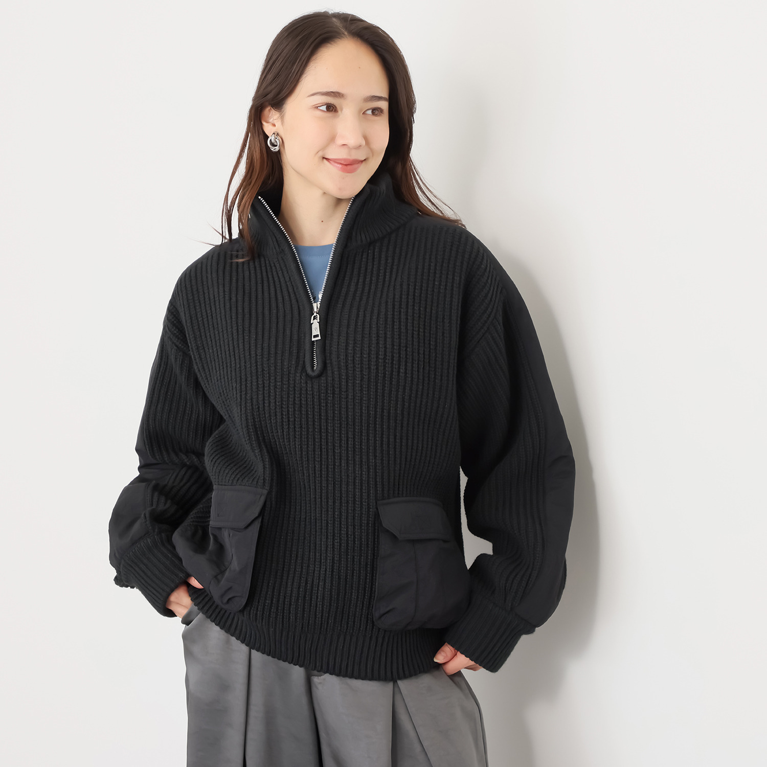 ヘブンアンドアース ミリタリーディテール ハーフジップ ニットプルオーバー