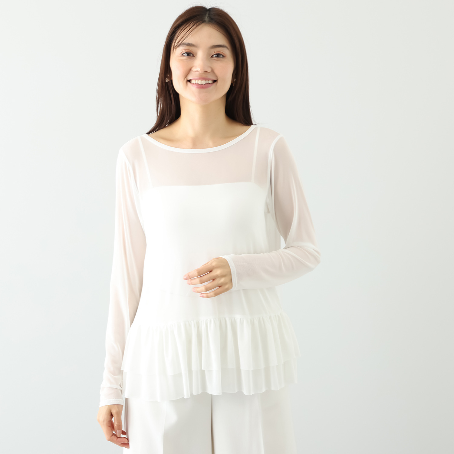 シルバーミントシュガー ソフトチュール 重ね着に大活躍 袖丈長め、裾ティアード インナーロングＴシャツ