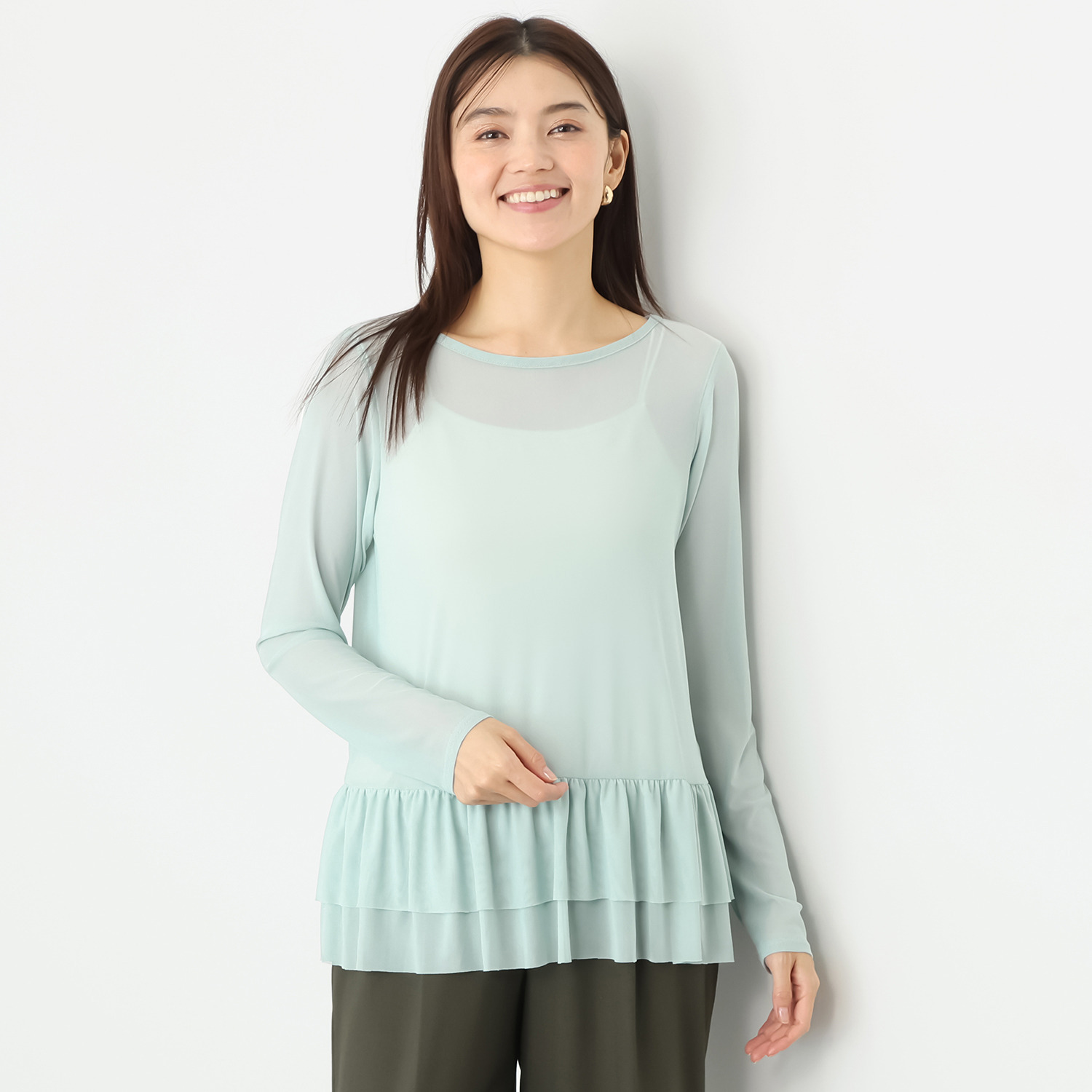 シルバーミントシュガー ソフトチュール 重ね着に大活躍 袖丈長め、裾ティアード インナーロングＴシャツ