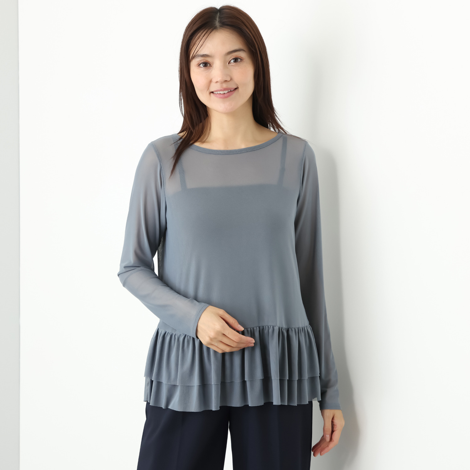 シルバーミントシュガー ソフトチュール 重ね着に大活躍 袖丈長め、裾ティアード インナーロングＴシャツ