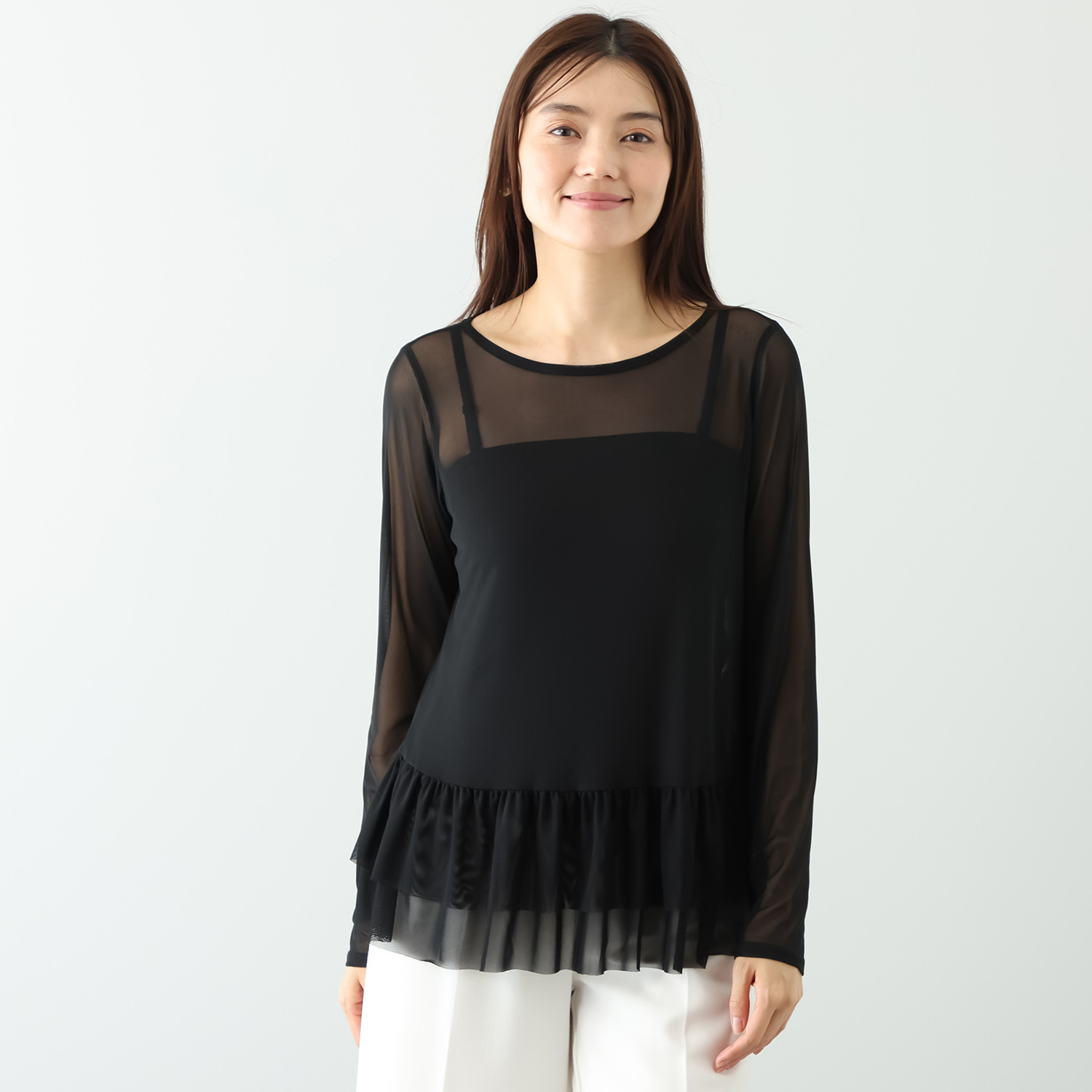 シルバーミントシュガー ソフトチュール 重ね着に大活躍 袖丈長め、裾ティアード インナーロングＴシャツ