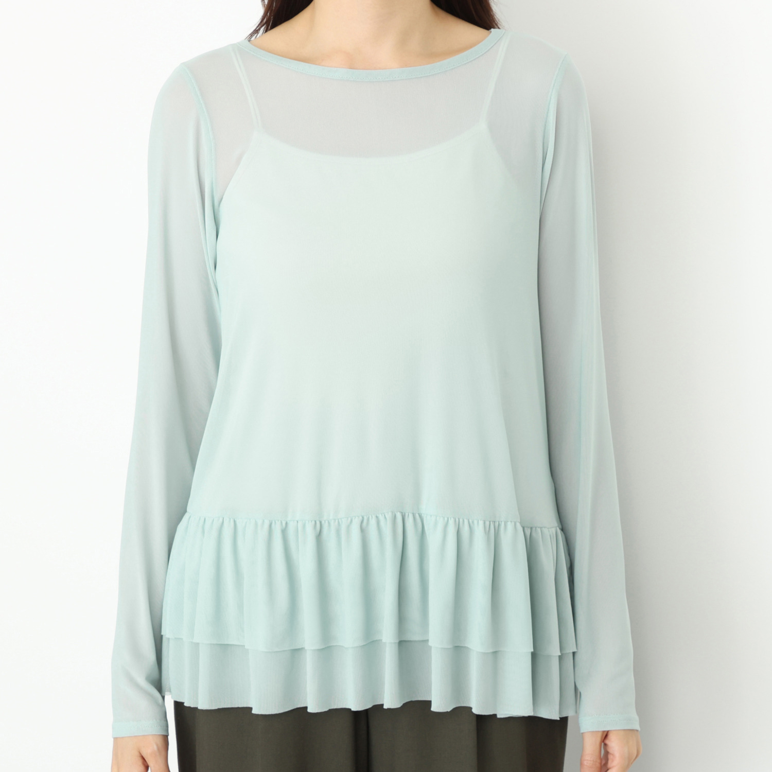 シルバーミントシュガー ソフトチュール 重ね着に大活躍 袖丈長め、裾ティアード インナーロングＴシャツ