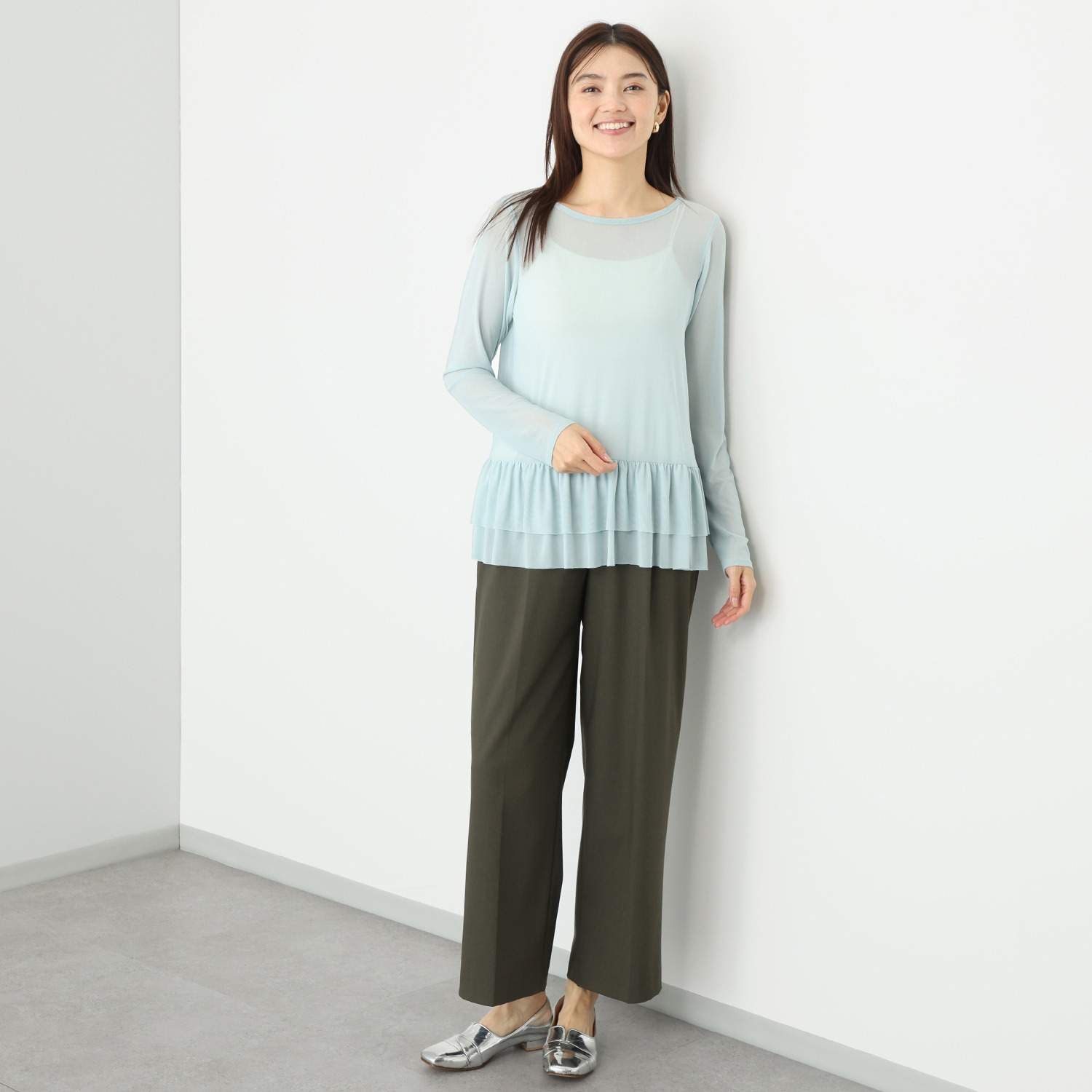 シルバーミントシュガー ソフトチュール 重ね着に大活躍 袖丈長め、裾ティアード インナーロングＴシャツ