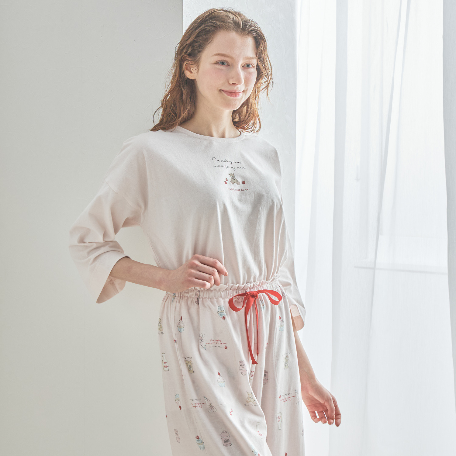 ナルエー 綿１００％天竺 スイーツベア 七分袖パジャマ