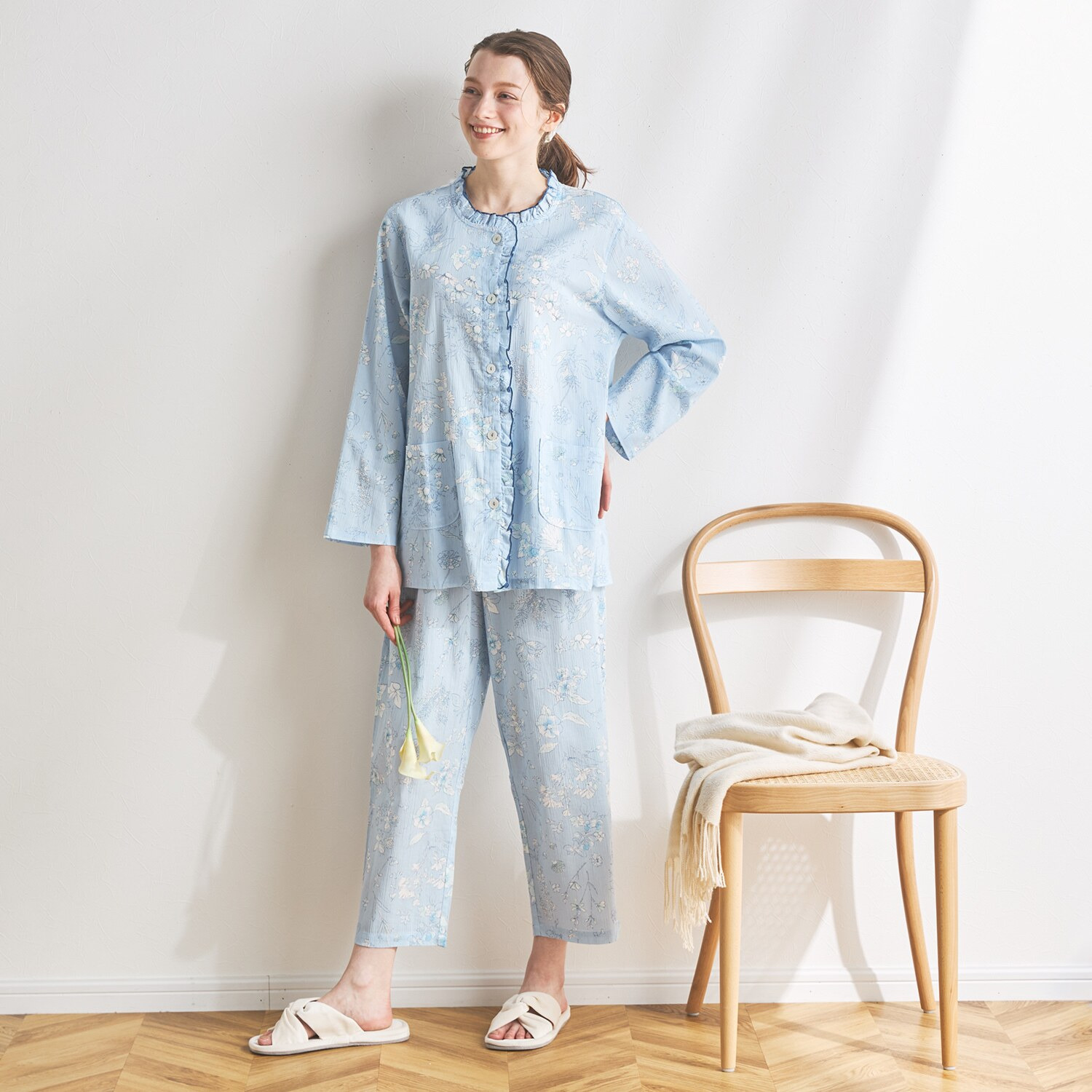 ナルエー 綿１００％ 楊柳フラワー 長袖フリル パジャマ