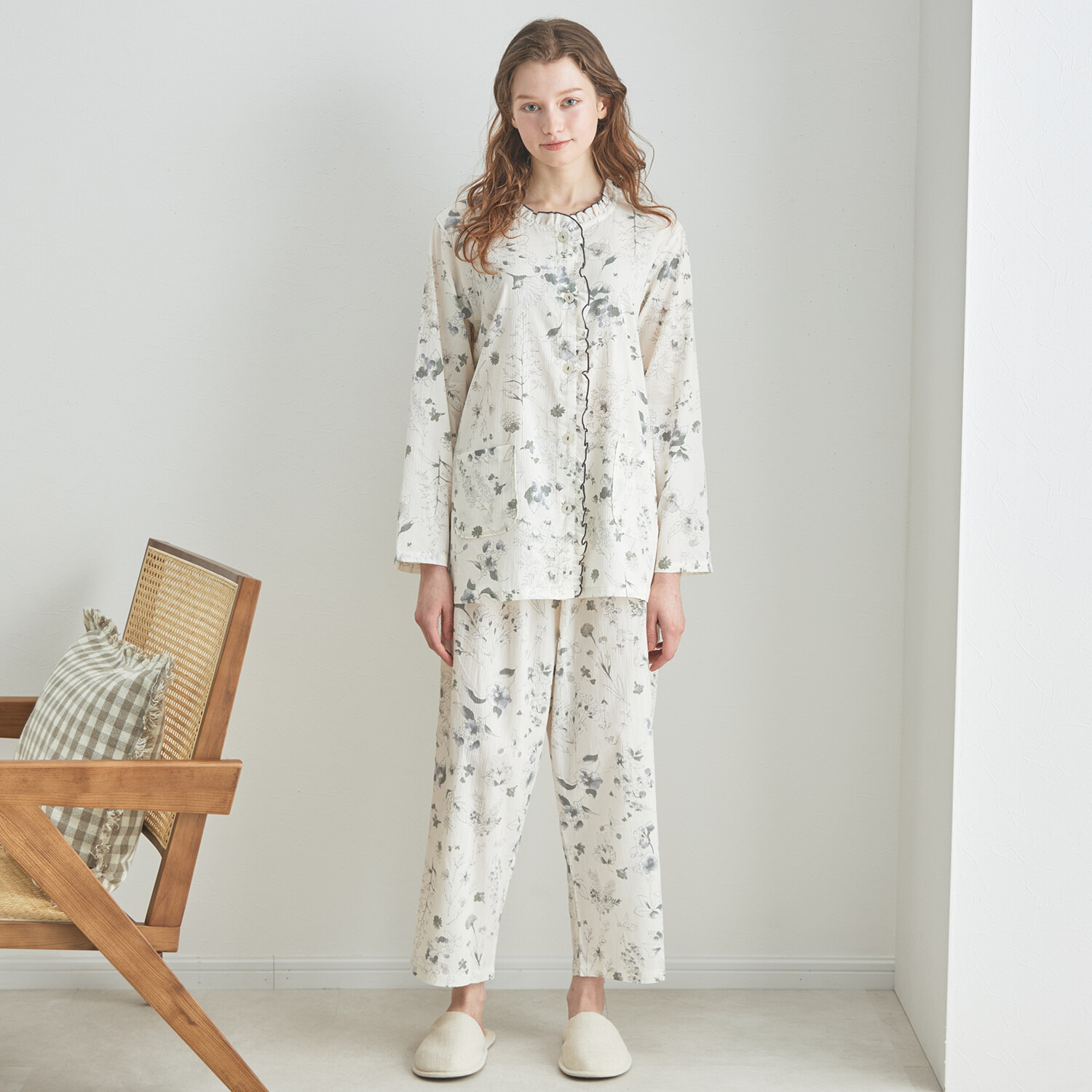 ナルエー 綿１００％ 楊柳フラワー 長袖フリル パジャマ