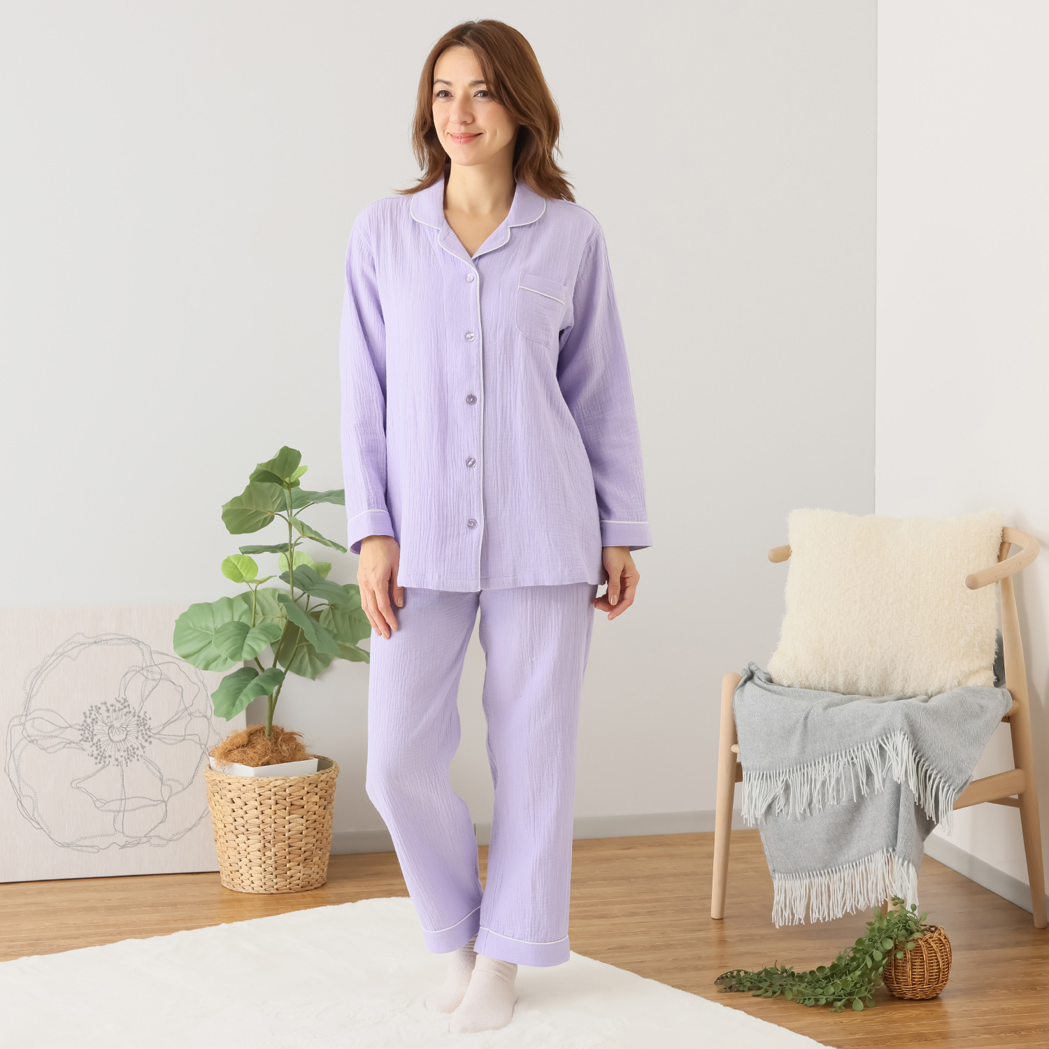 綿１００％！ ふんわりやさしい 肌触りの ダブルガーゼ 長袖シャツパジャマ