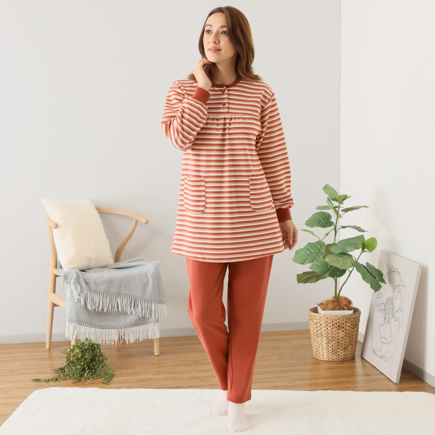 裏側綿１００％ ボーダー柄 柔らかダンボールニット チュニックデザイン ルームウェア上下セット