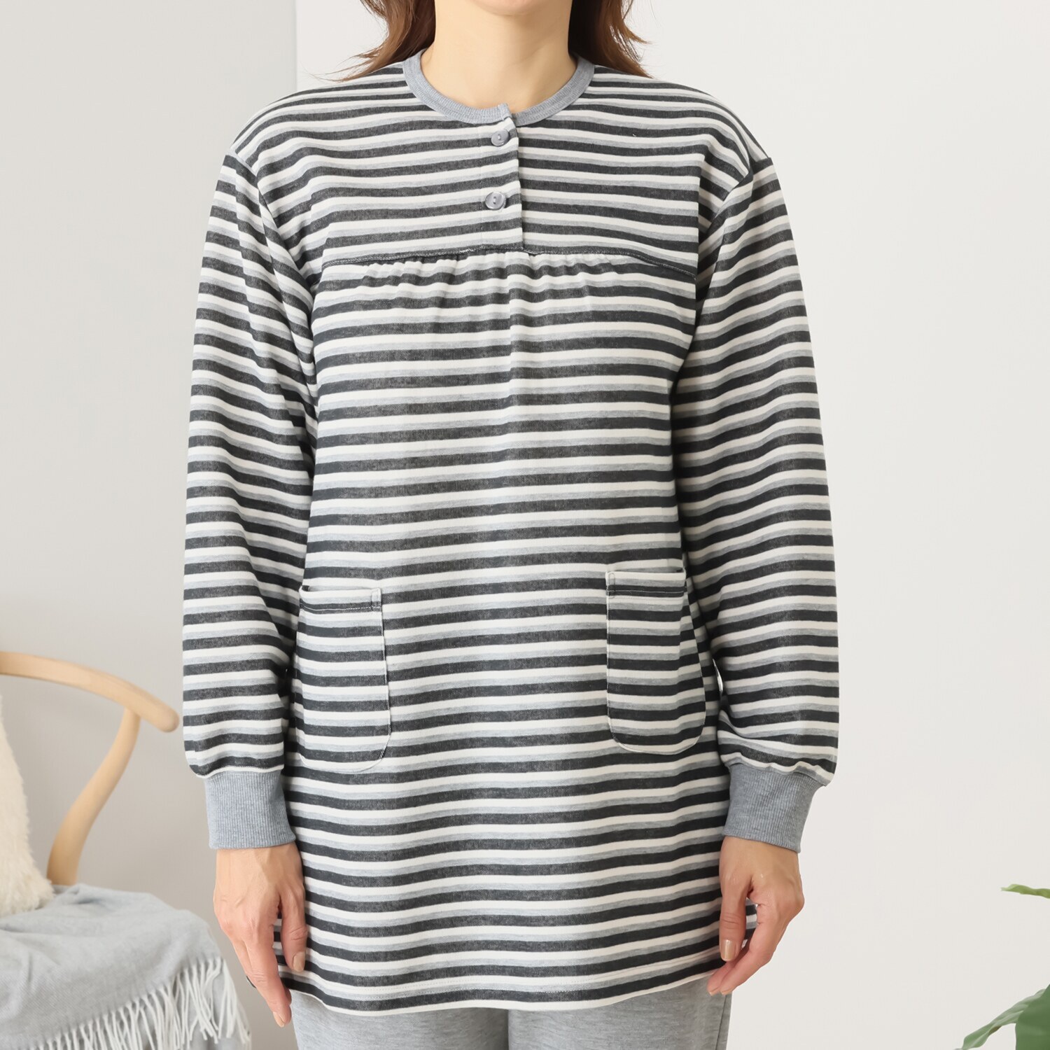 裏側綿１００％ ボーダー柄 柔らかダンボールニット チュニックデザイン ルームウェア上下セット