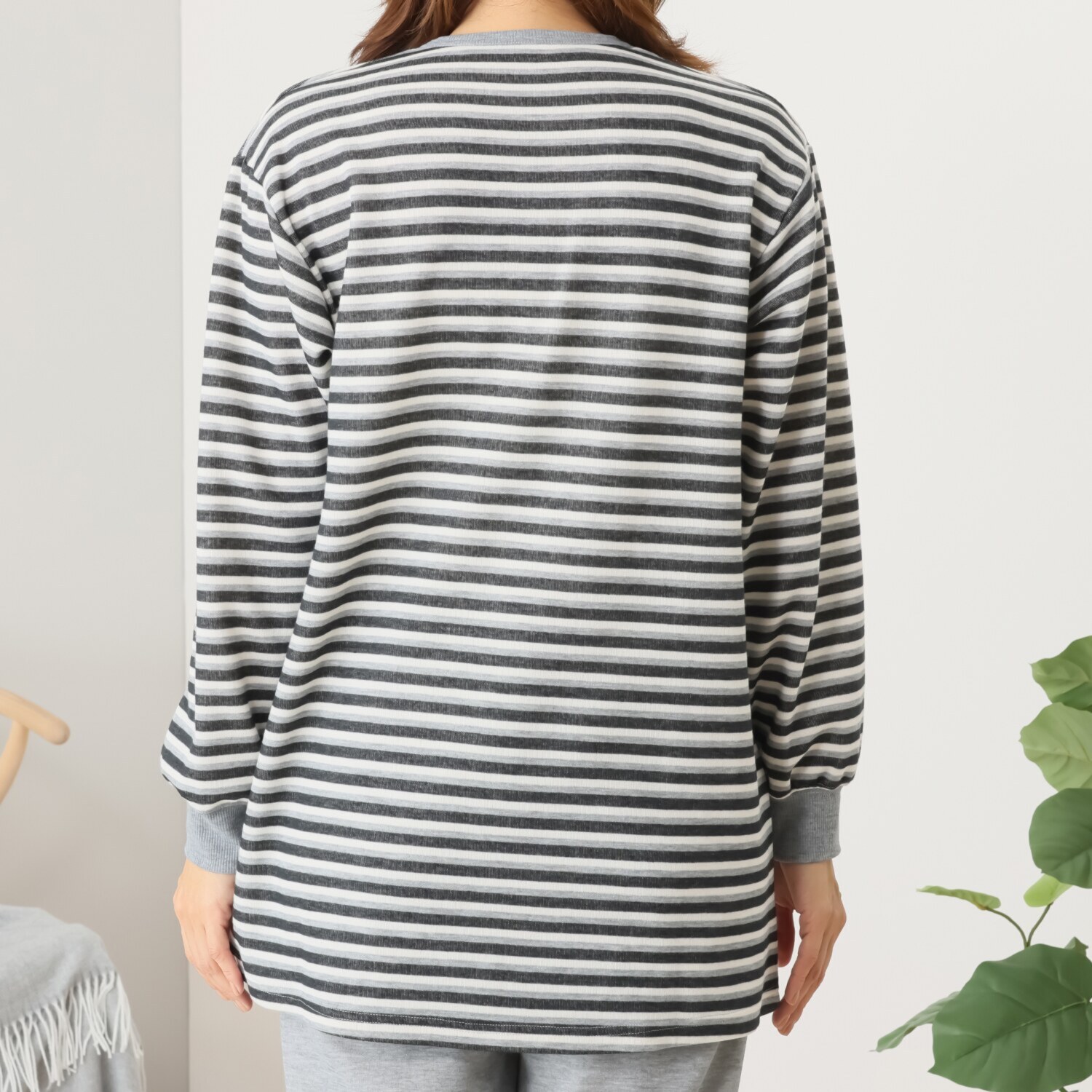 裏側綿１００％ ボーダー柄 柔らかダンボールニット チュニックデザイン ルームウェア上下セット