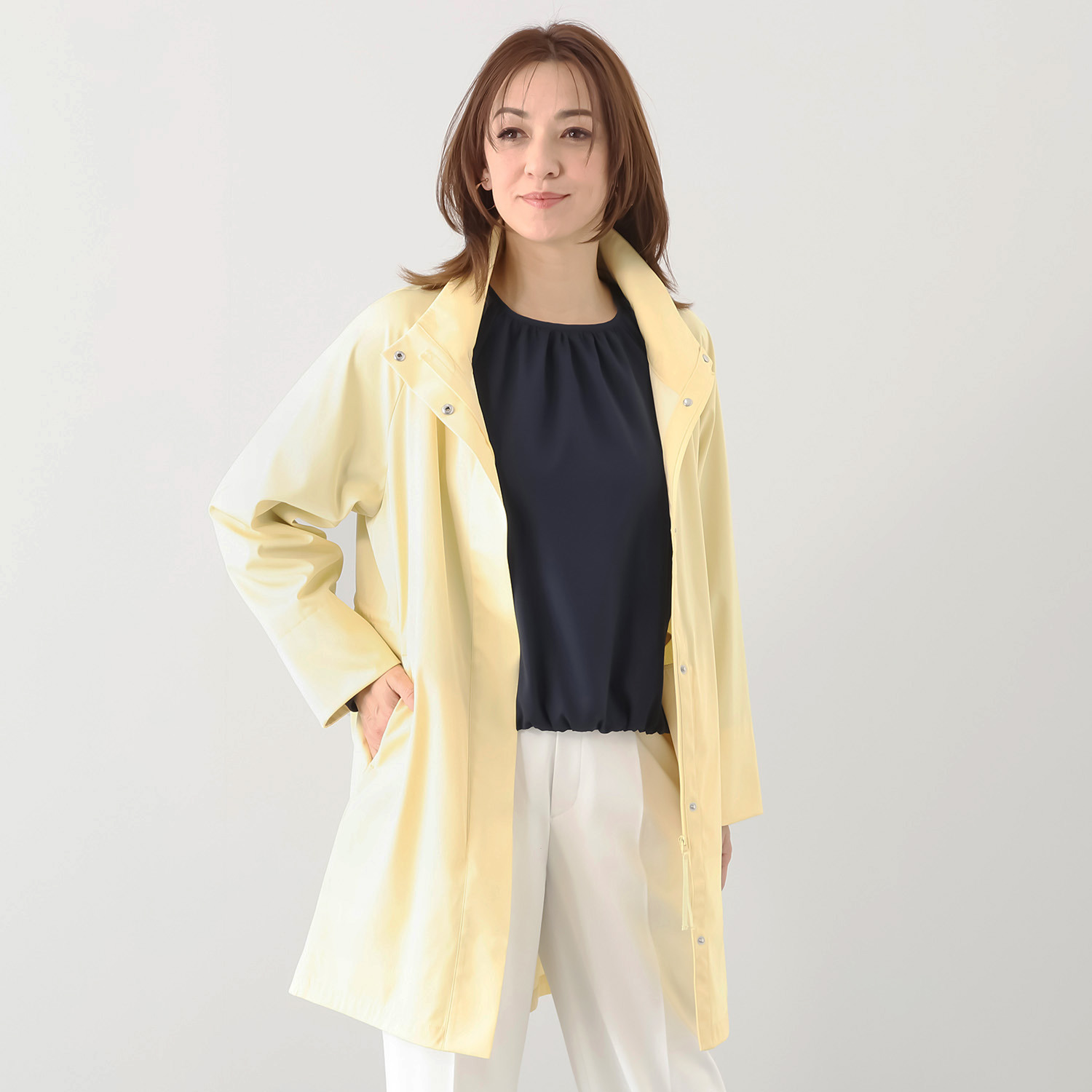 メリオン 春にうれしい機能素材使用 ハイネック Ａラインシルエット スプリングコート