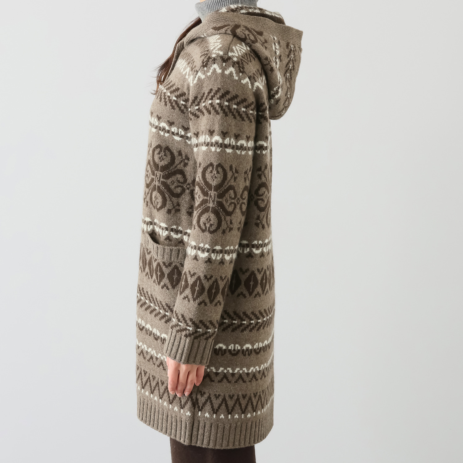 ネイチャーズ 無染色ヤク ノルディック柄 フーディーコーディガン