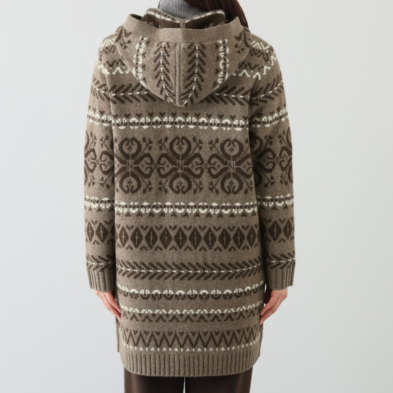 ネイチャーズ 無染色ヤク ノルディック柄 フーディーコーディガン