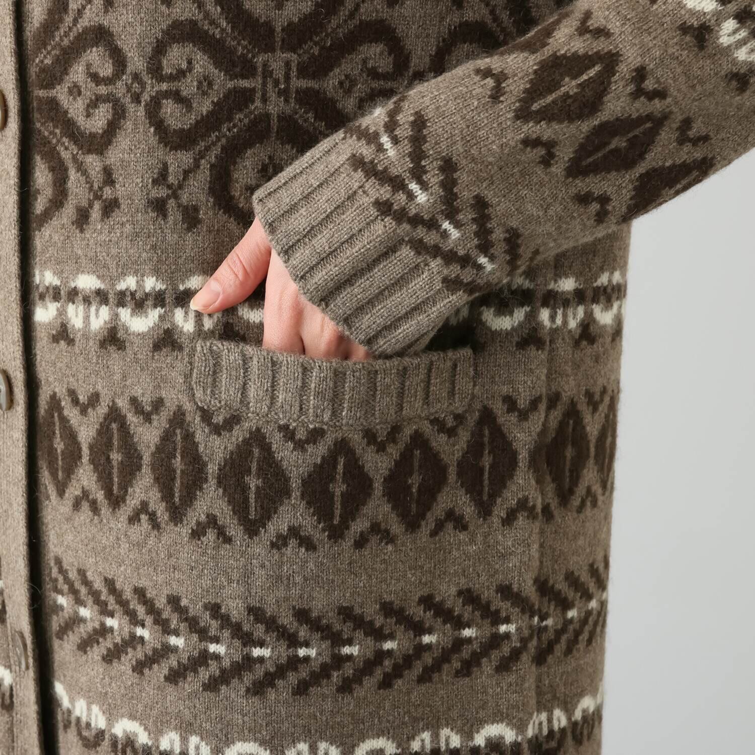 ネイチャーズ 無染色ヤク ノルディック柄 フーディーコーディガン