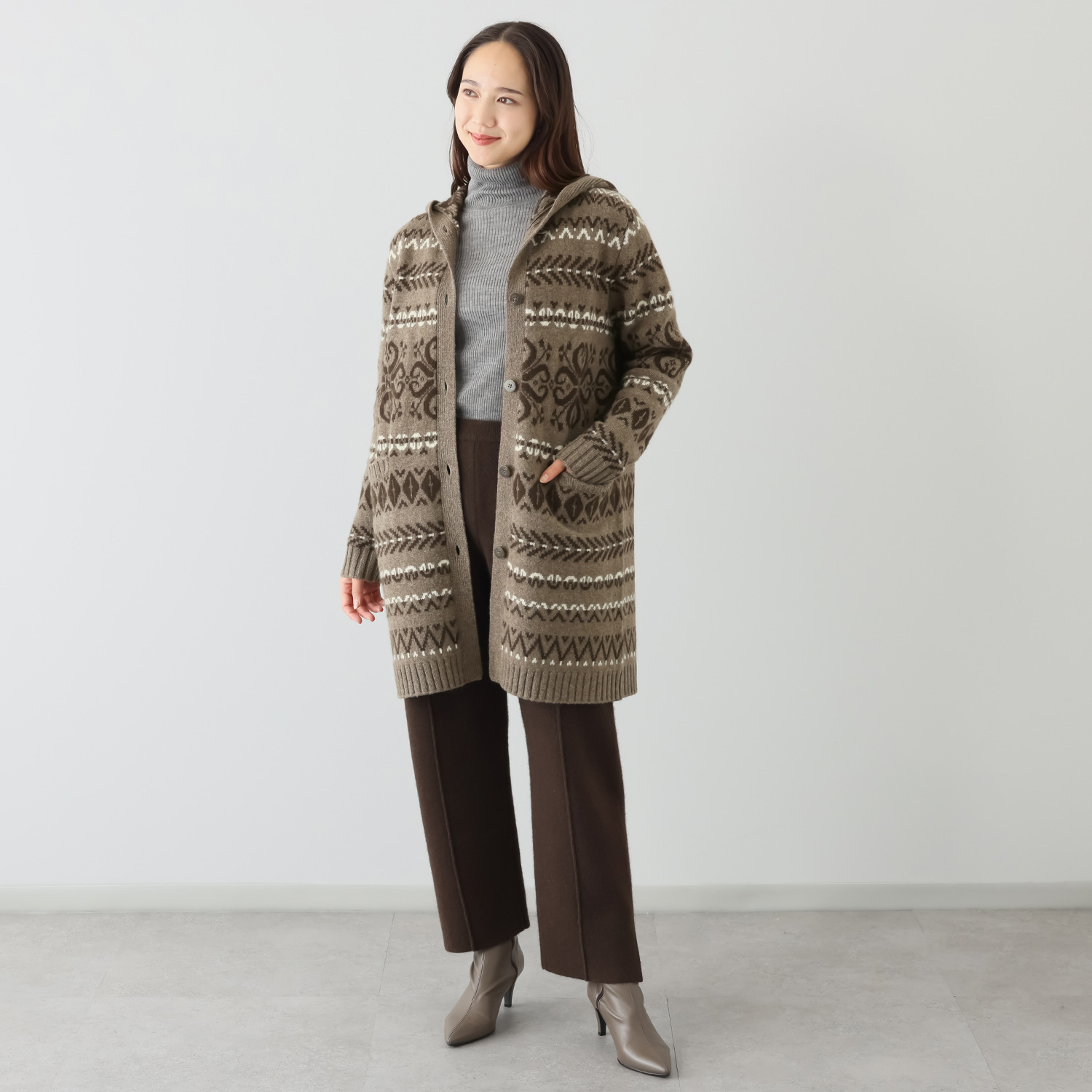 ネイチャーズ 無染色ヤク ノルディック柄 フーディーコーディガン