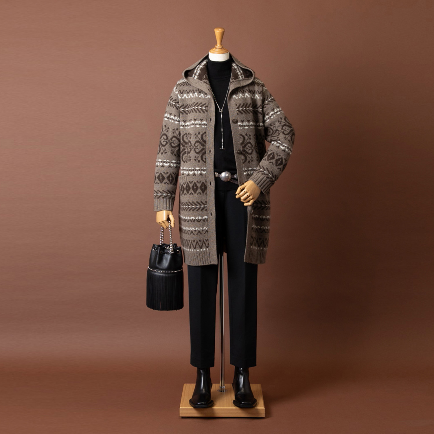 ネイチャーズ 無染色ヤク ノルディック柄 フーディーコーディガン