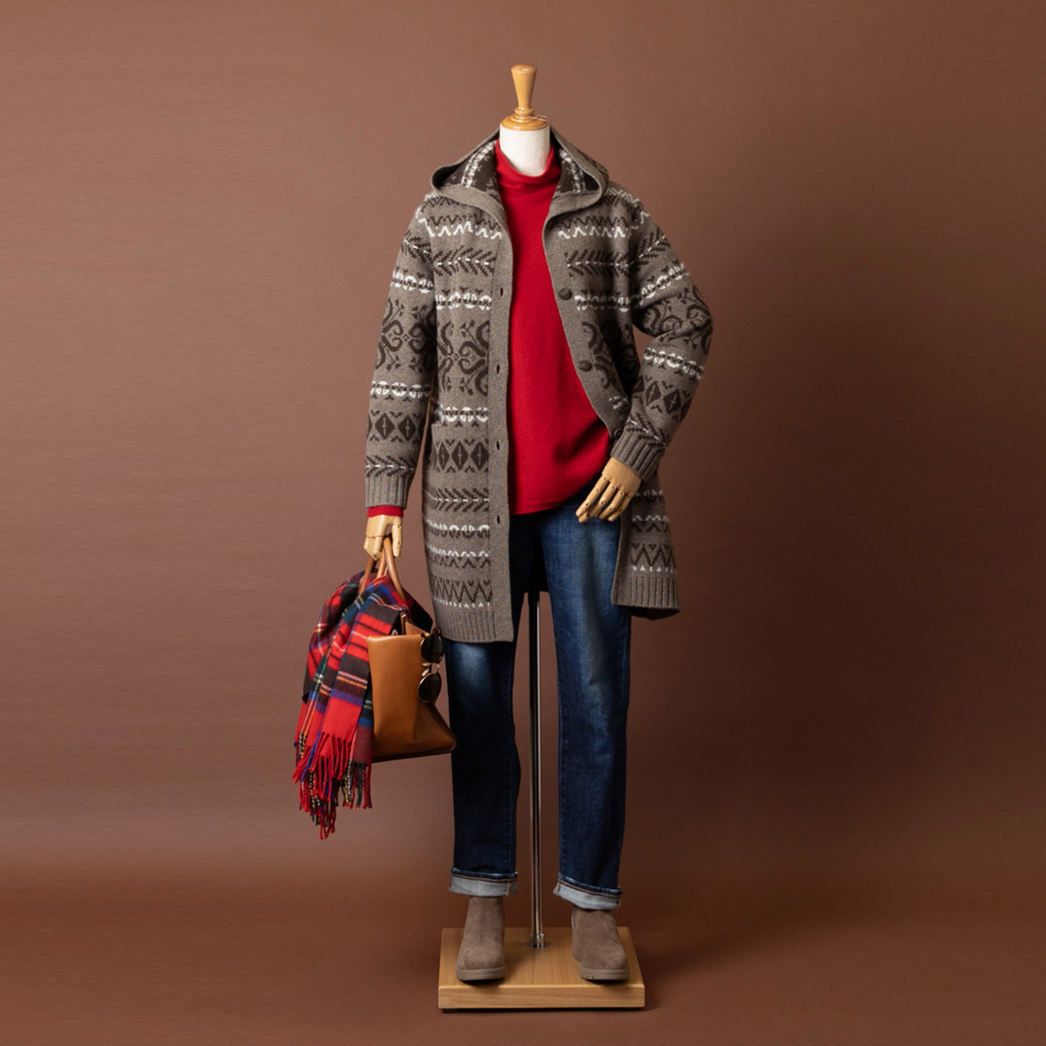 ネイチャーズ 無染色ヤク ノルディック柄 フーディーコーディガン