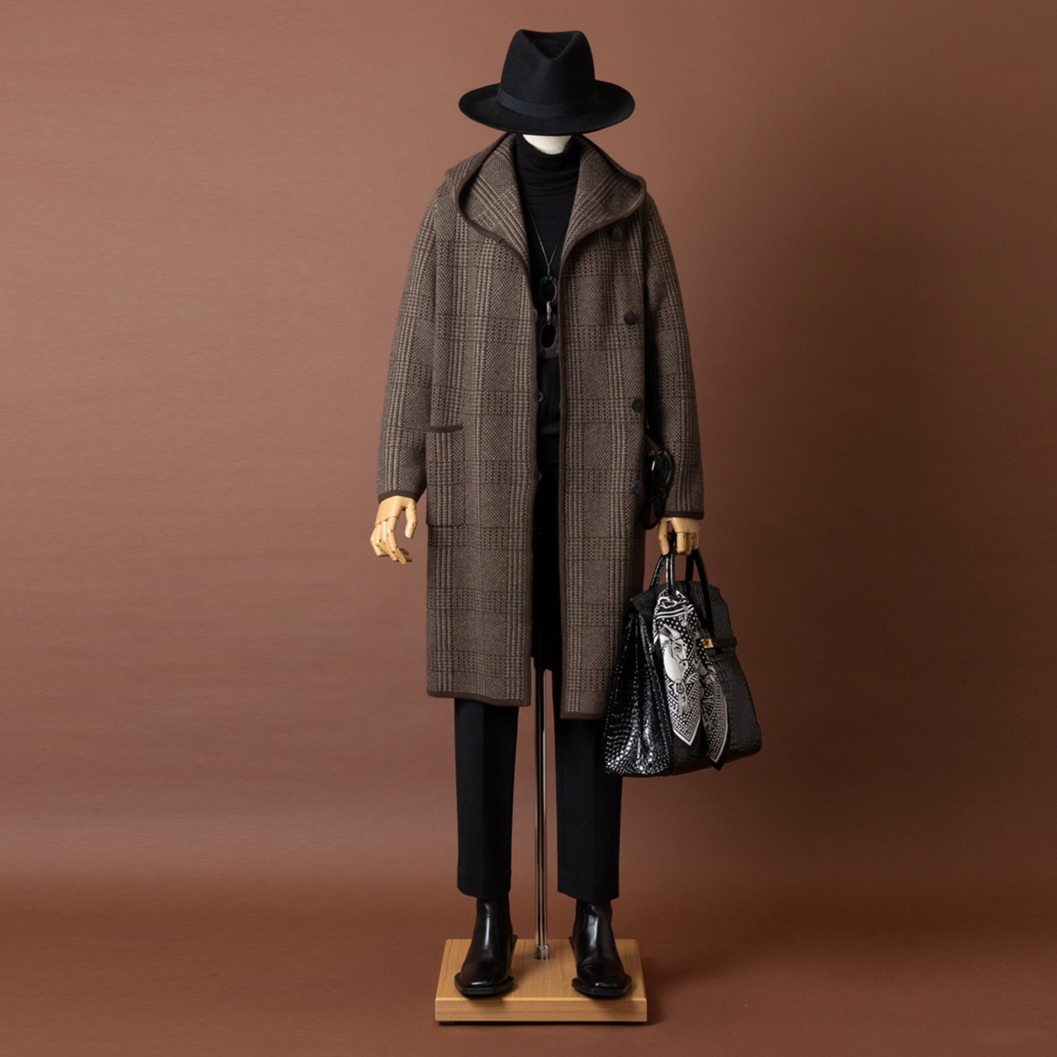 ネイチャーズ 無染色ヤク チェック柄 フーディーコート