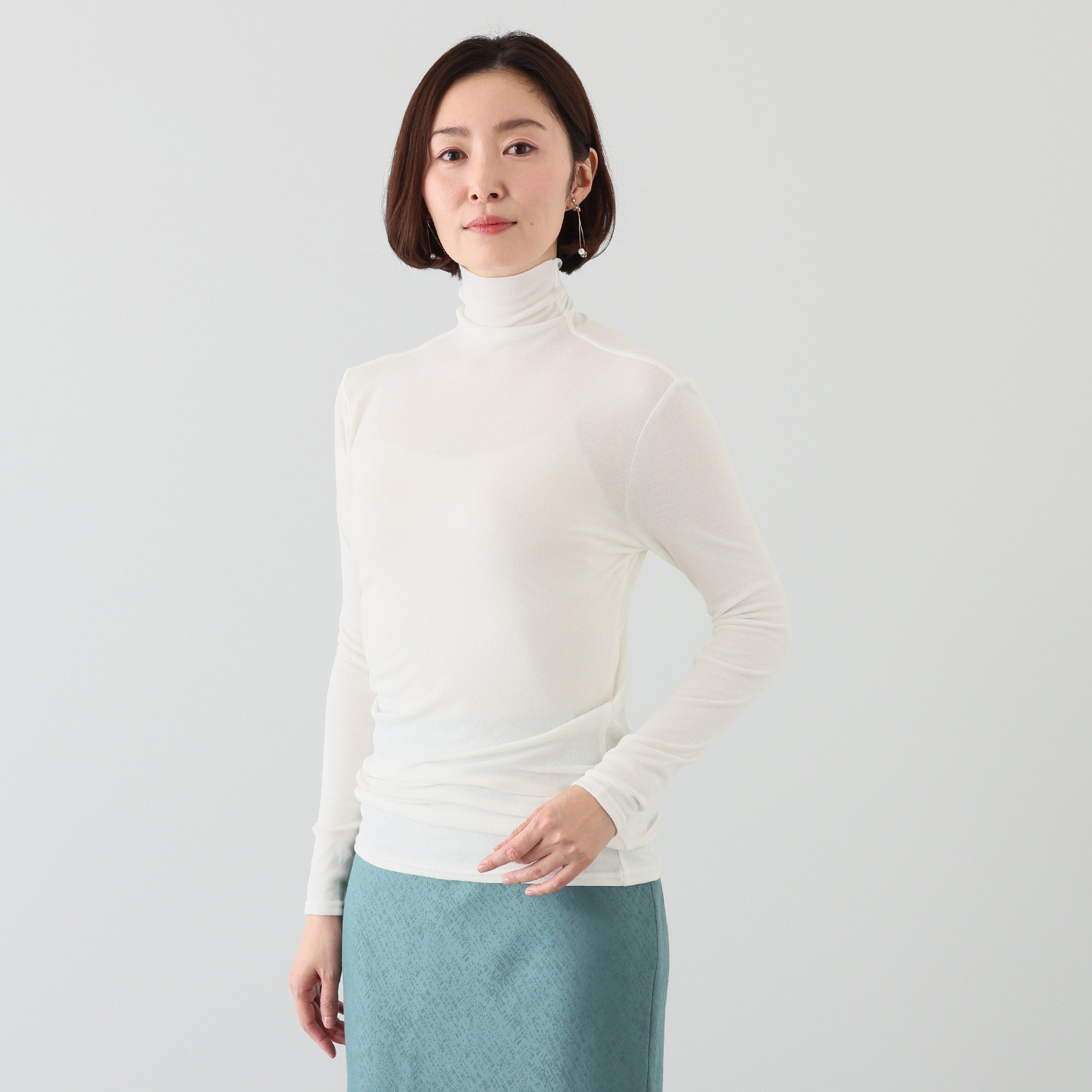 天使の綿シフォン 四六時中着たくなる！ 極上の肌触り！ ロング丈 ボトルネック 二重長袖プルオーバー