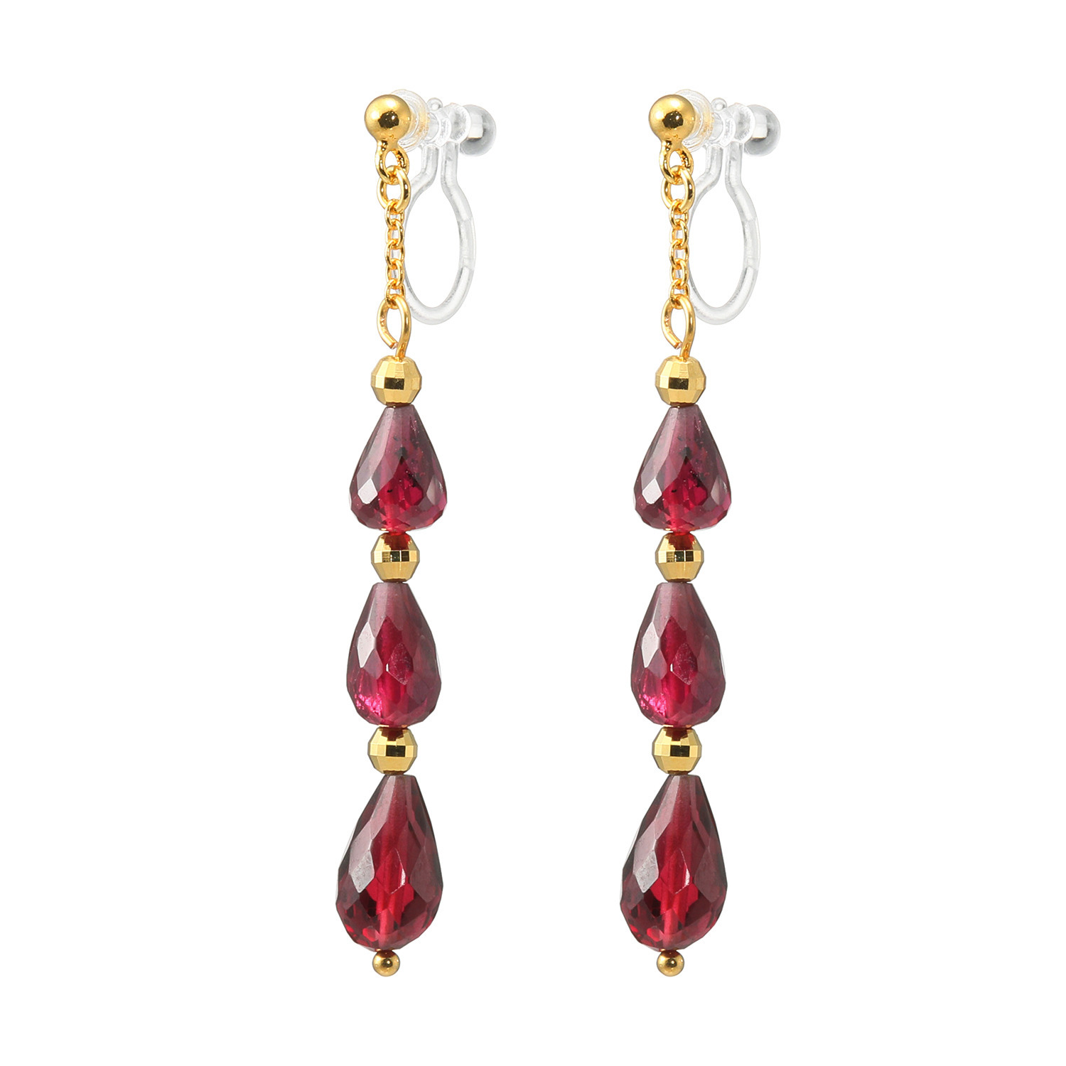 石友蔵出しコレクション ガーネット ドロップシェイプ イヤークリップ／ピアス